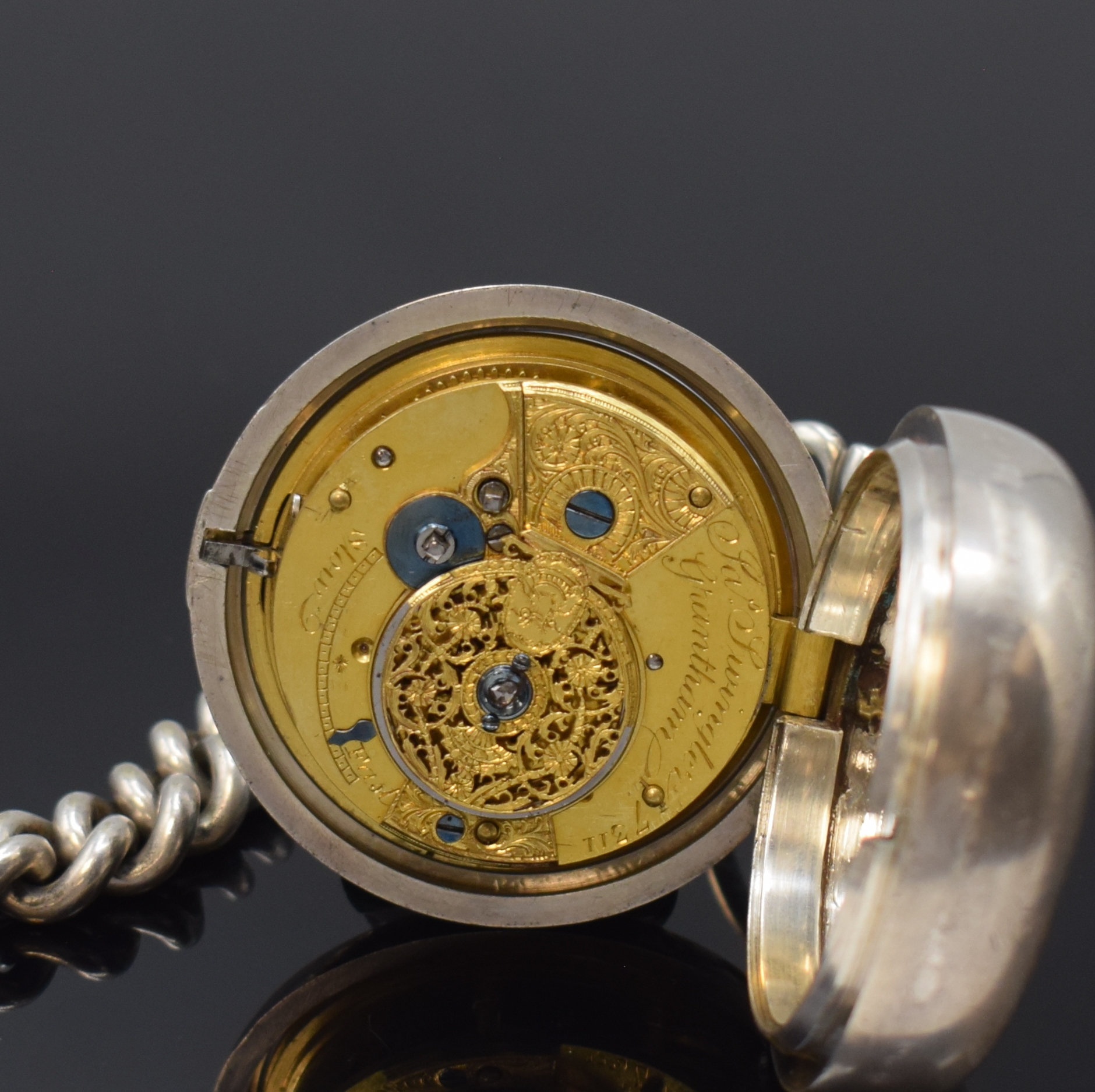 Detail e: JA'S SWINGLER GRANTHAM extrem schwere Doppel- Gehäuse Spindeltaschenuhr in Sterlingsilber an schwerer Silberkette, London Hallmark 1811,glatte ...