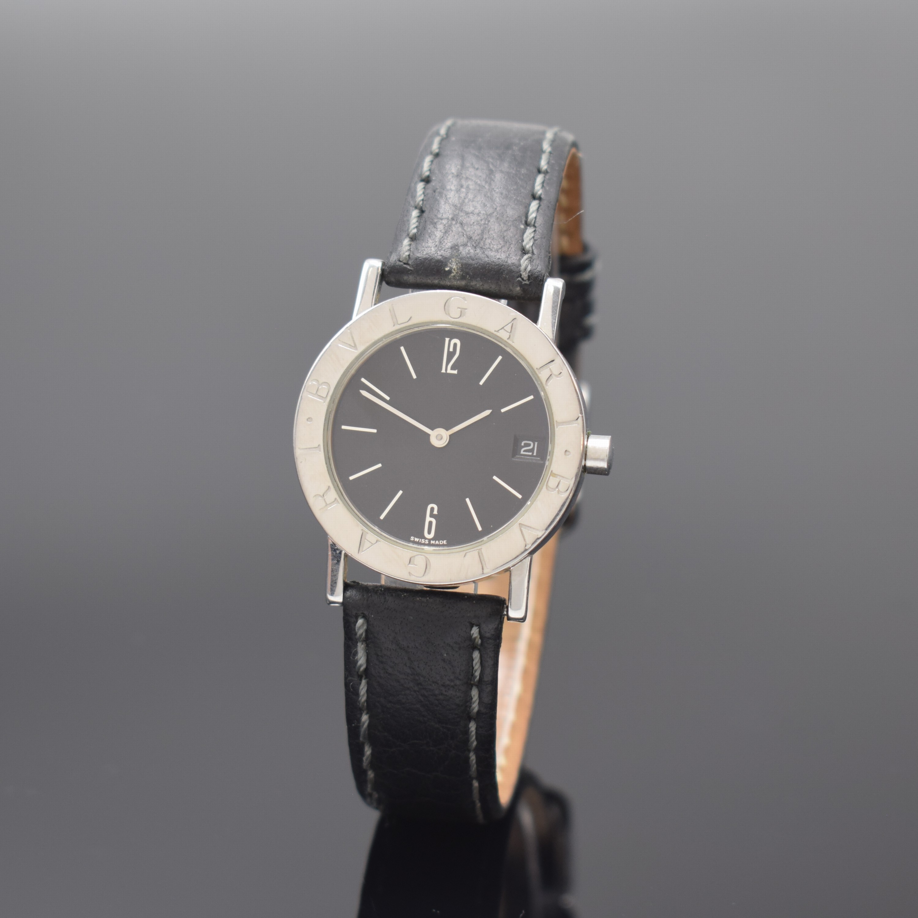 BULGARI Damenarmbanduhr Referenz BB 30 SLD, Schweiz um 1995, quarz, Edelstahlgeh., Boden aufgedr., schwarzes Zifferbl. m. silb. Std.- Ind., Datum b. ...