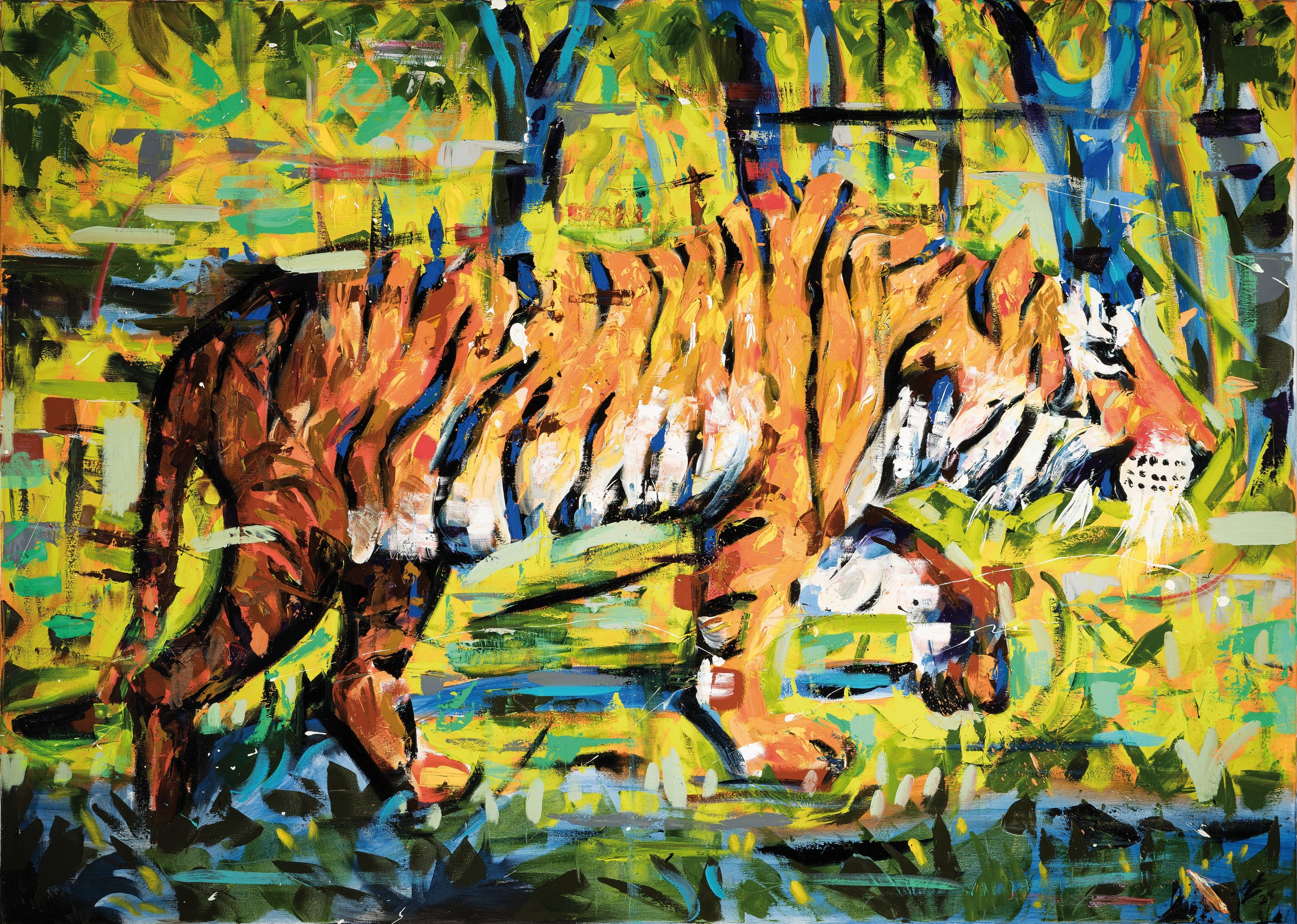 Detail k: Yves-Marcel Münch, geb. 1994, zeitgenössischer Künstler in Wiesloch, Tiger, Öl/Lwd, expressive Spachteltechnik, re. u. sign., ca. 100x140cm, ...