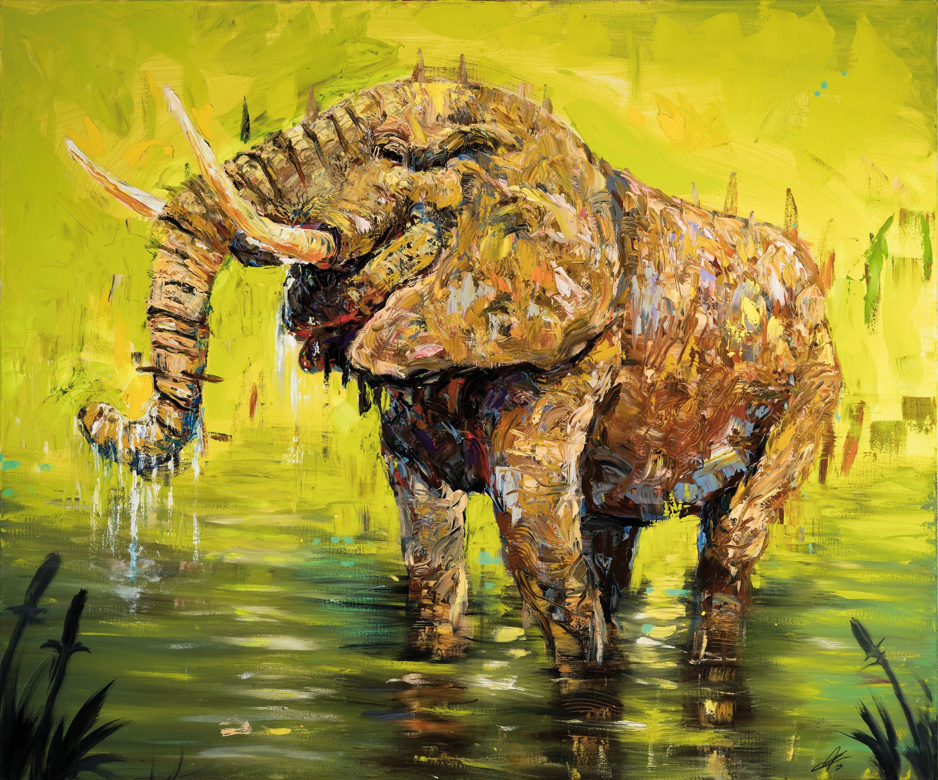 Detail k: Yves-Marcel Münch, geb. 1994, zeitgenössischer Künstler in Wiesloch, Elefant, Öl/Lwd, expressive Spachteltechnik, re. u. sign., ca. 100x120cm, ...