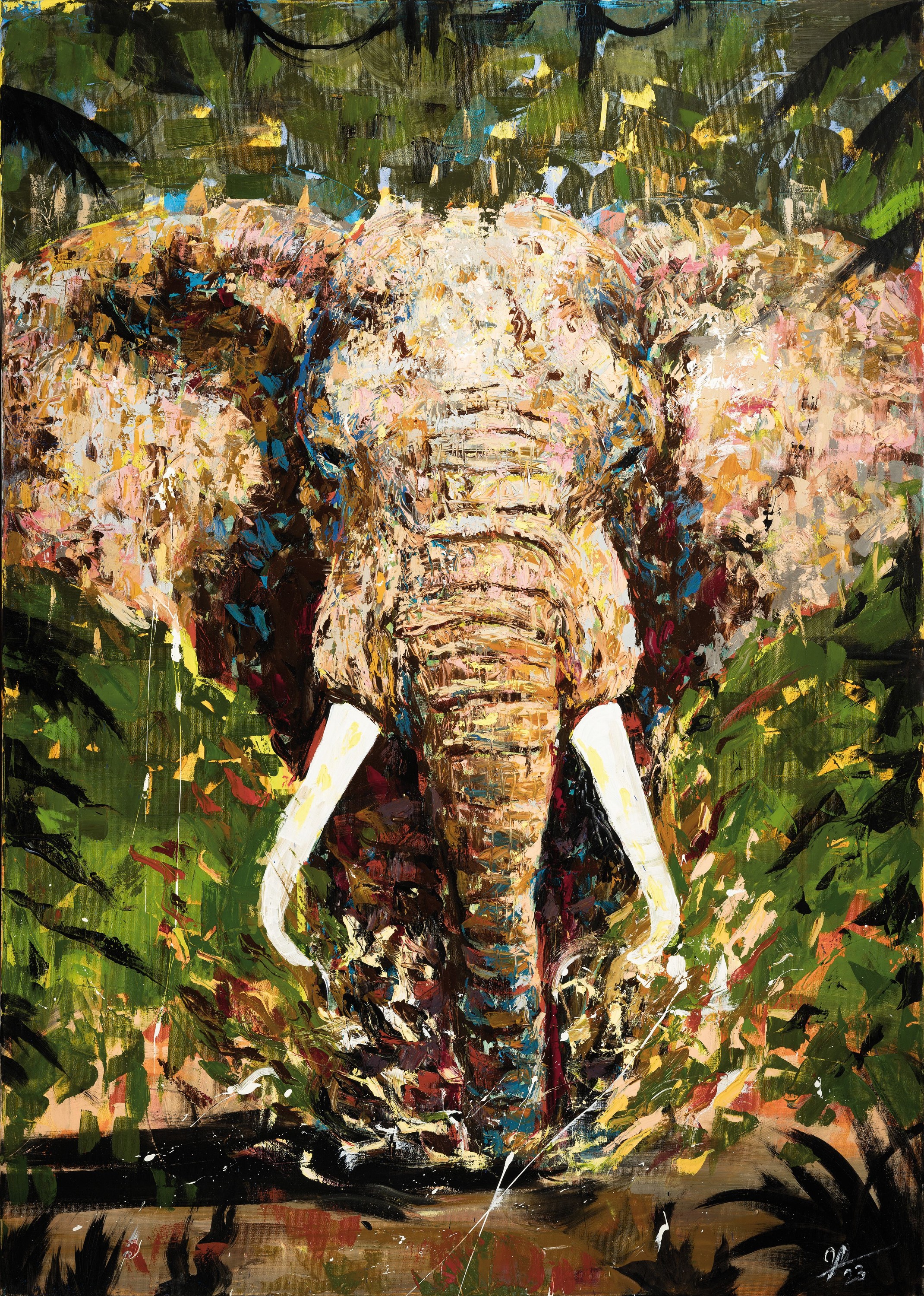 Detail k: Yves-Marcel Münch, geb. 1994, zeitgenössischer Künstler in Wiesloch, Elefant, Öl/Lwd, expressive Spachteltechnik, re. u. sign., ca. 140x100cm, ...