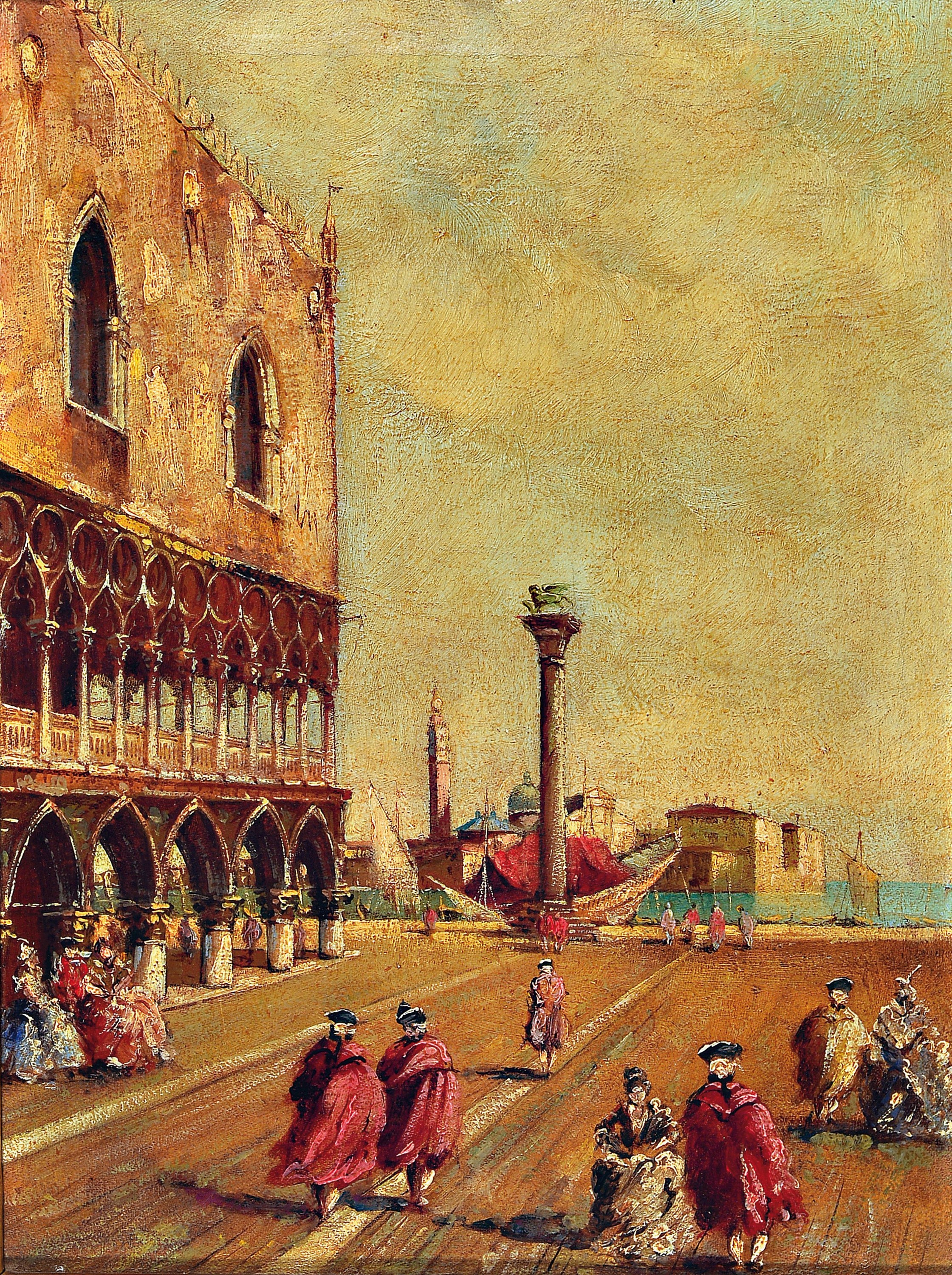 Unbekannter Künstler, 19. Jh., Markusplatz in Venedig, Öl/Lwd, Ansicht des Dogenpalastes, unsigniert, 40 x 30 cm, Rahmen l. besch.