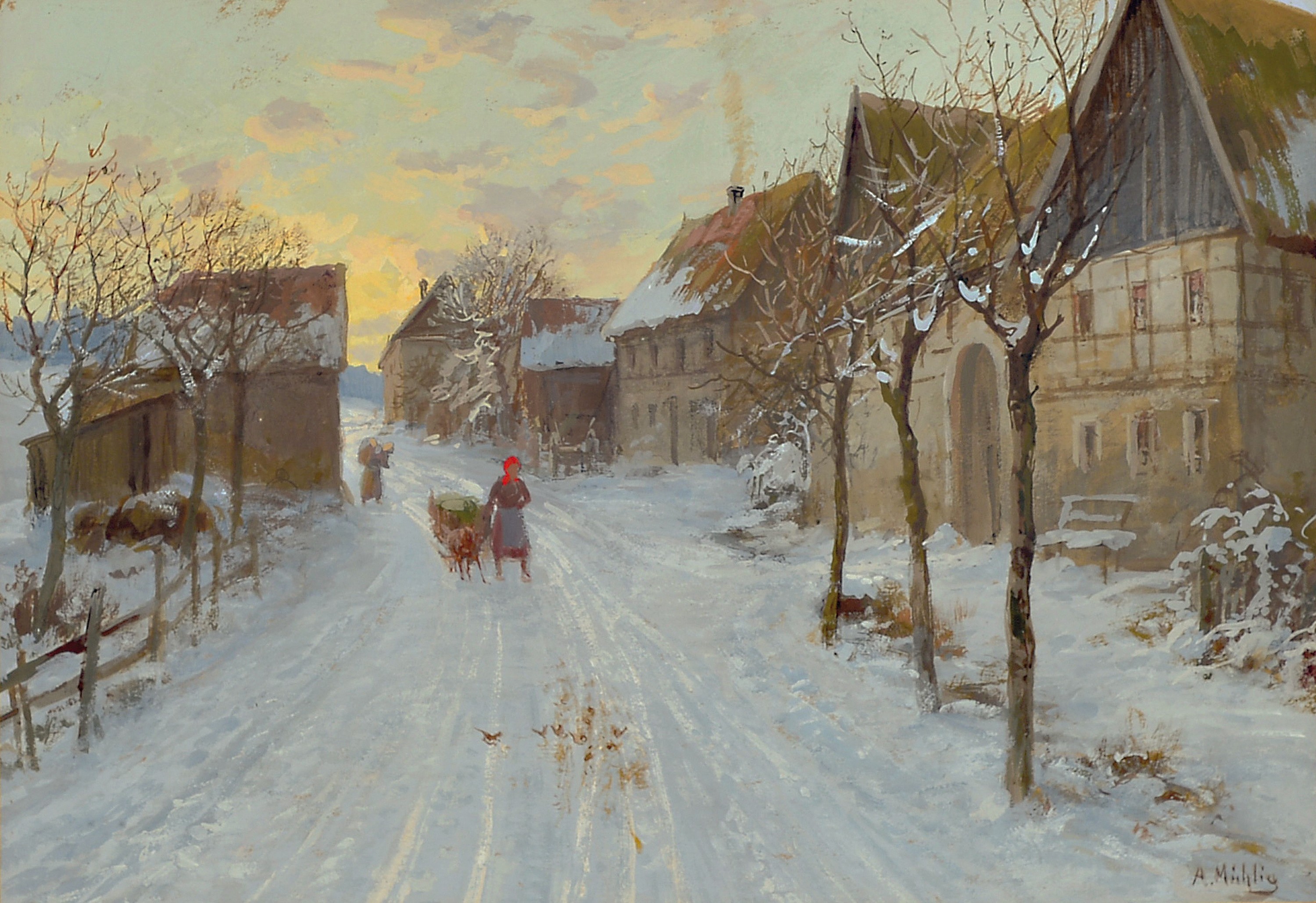 Albert Ernst Mühlig, 1862-1924 Dresden, Dorfstraße im verschneiten Winter, Aquarell und gouache auf Papier, rechts unten signiert, ca. 24x34cm, PP, ...