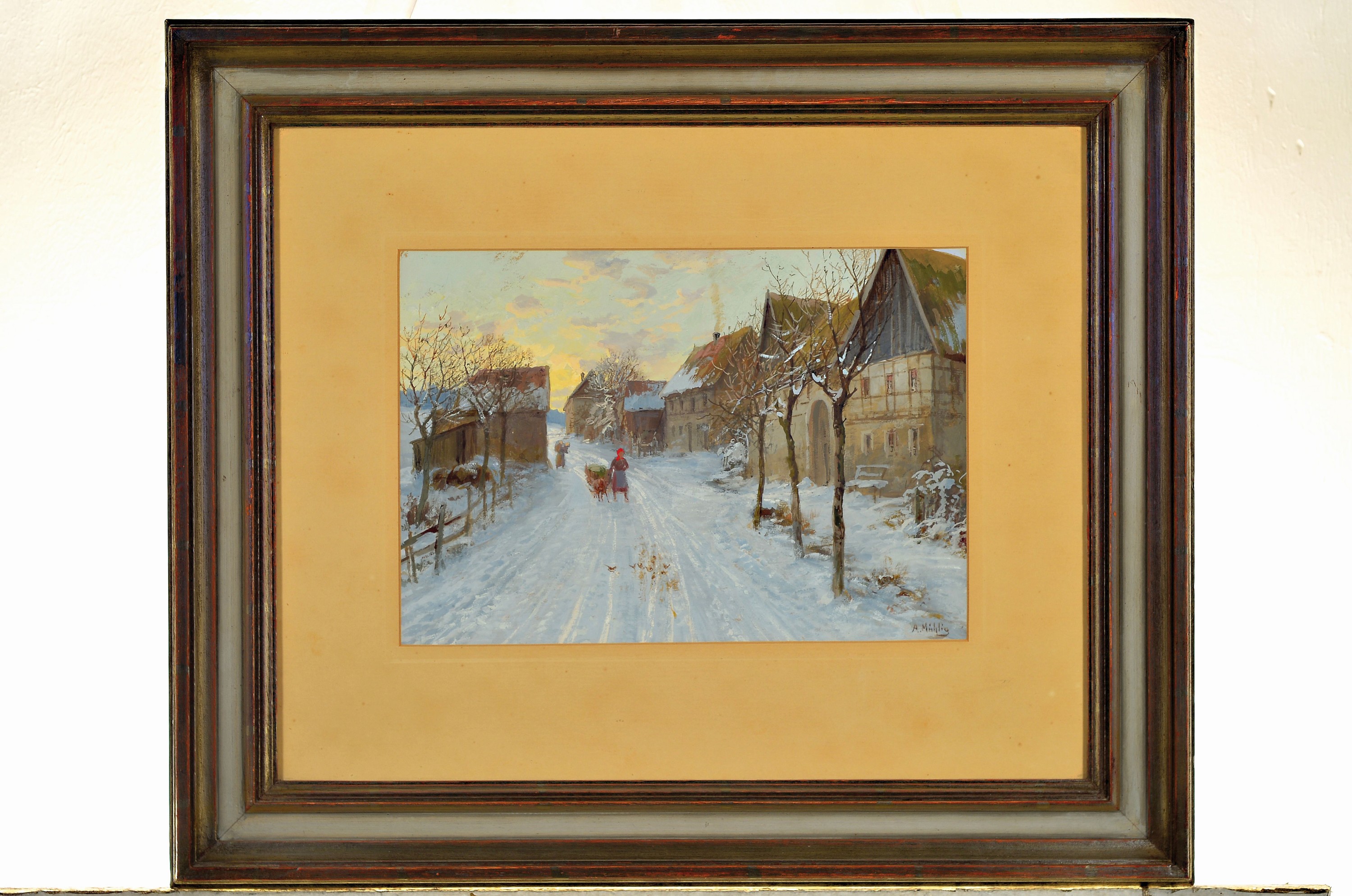 Detail k: Albert Ernst Mühlig, 1862-1924 Dresden, Dorfstraße im verschneiten Winter, Aquarell und gouache auf Papier, rechts unten signiert, ca. 24x34cm, PP, ...