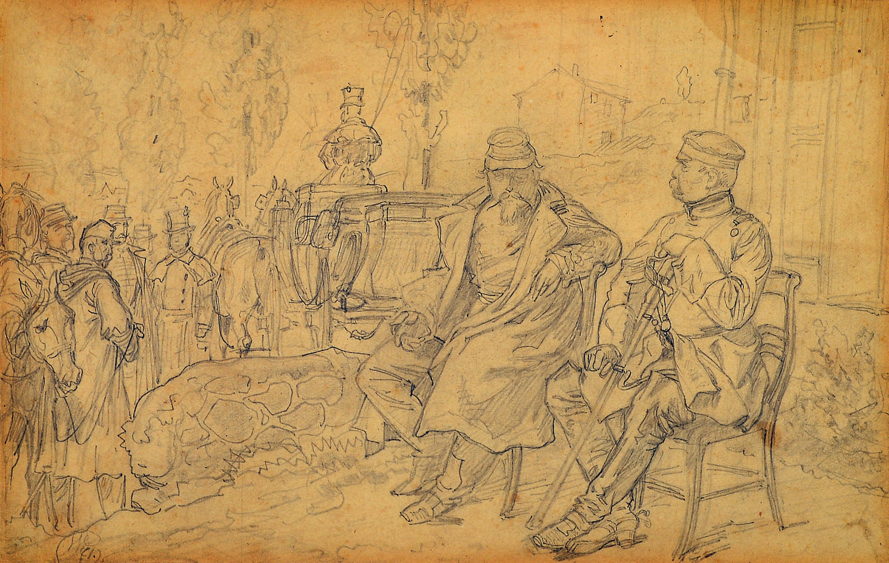 Prof. Wilhelm Camphausen, 1818-1885 Düsseldorf, Otto von Bismarck und Kaiser Napoleon III. im Gespräch nach der französischen Kapitulation, ...