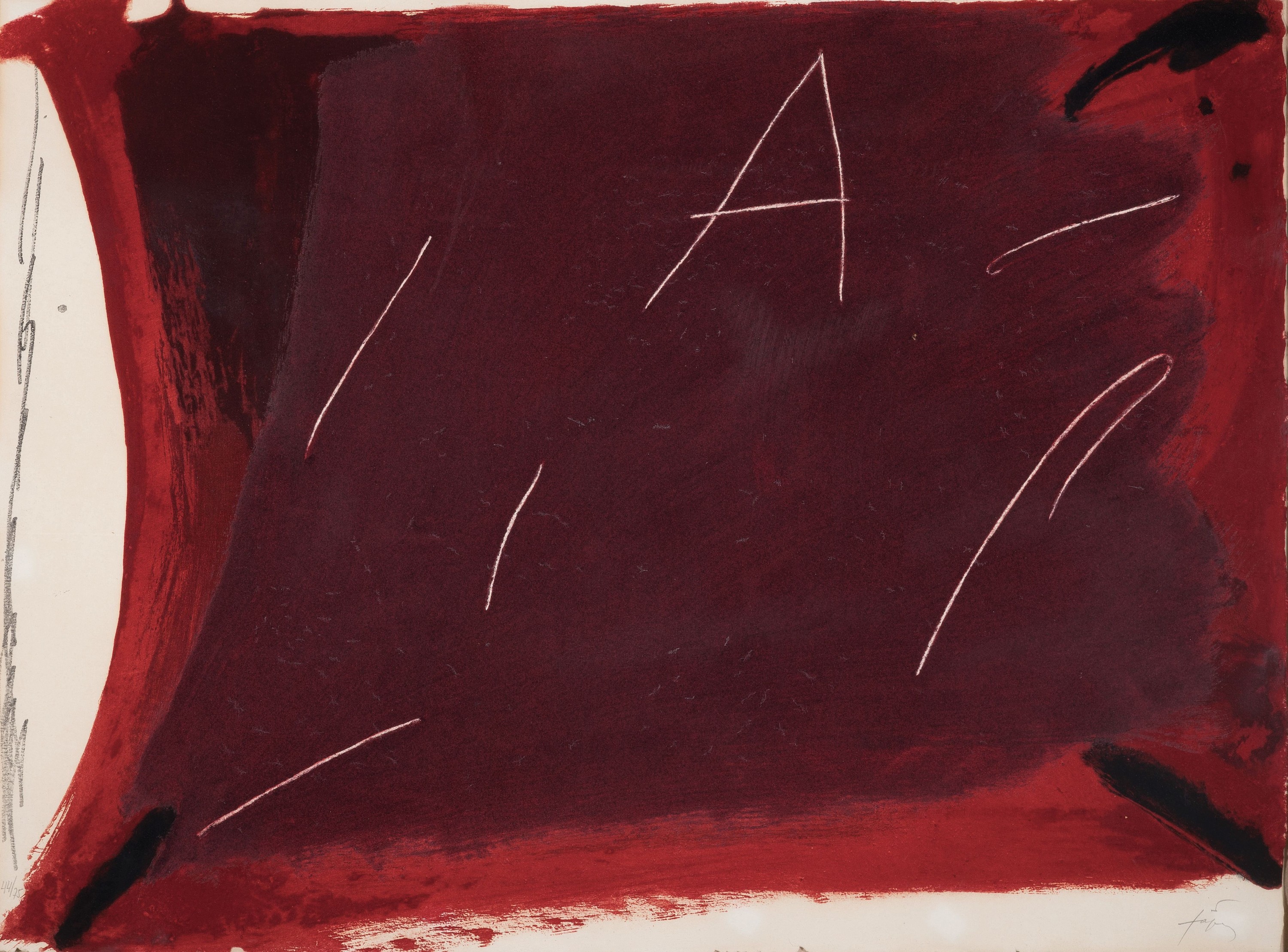 Antoni Tapies, 1923-2012 Barcelona, Farblithographie aus der Serie Negre i Roig, rechts unten handsign., links unten num. 44/75, ca. 57x75cm, leicht ...