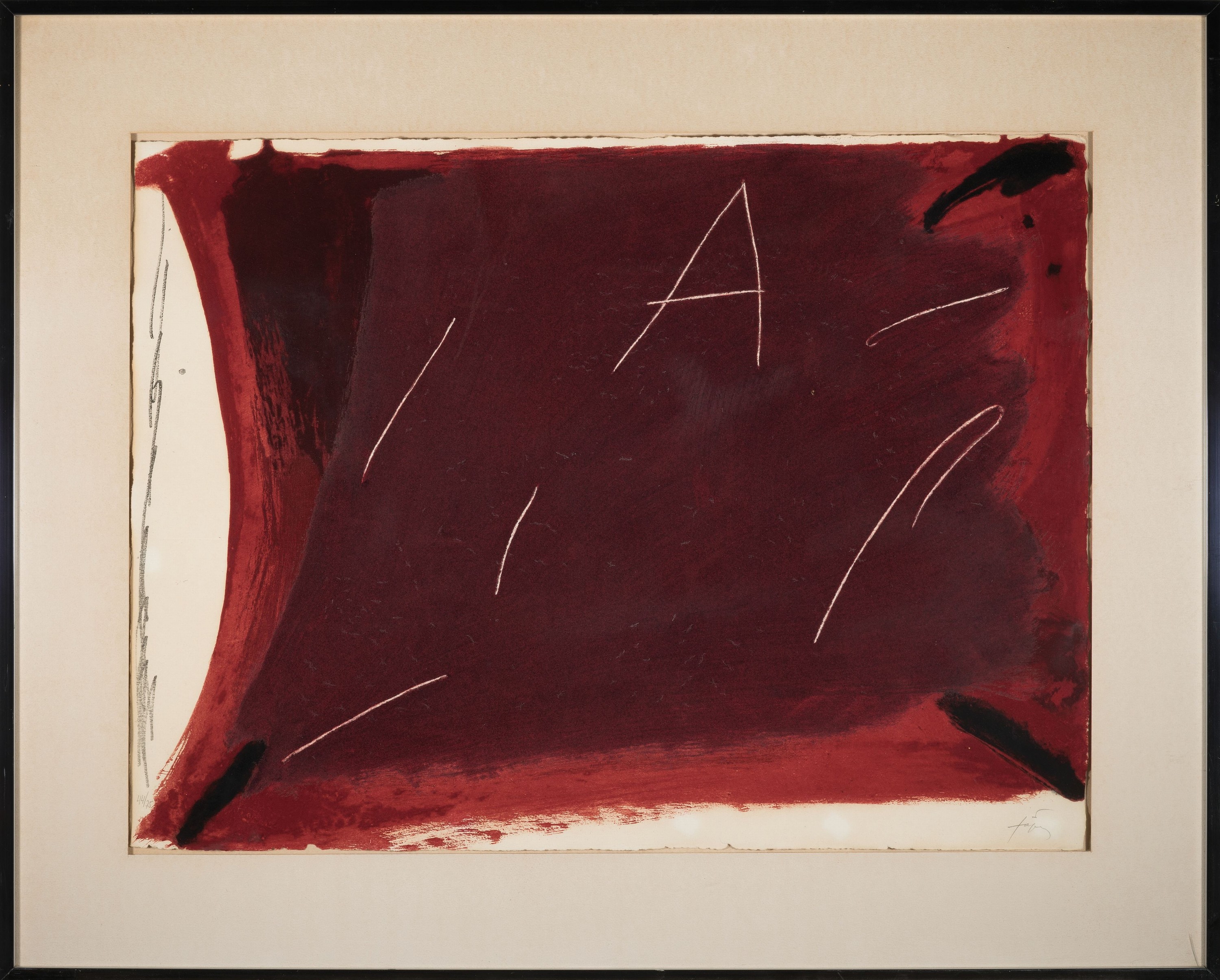 Detail k: Antoni Tapies, 1923-2012 Barcelona, Farblithographie aus der Serie Negre i Roig, rechts unten handsign., links unten num. 44/75, ca. 57x75cm, leicht ...