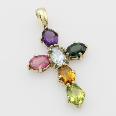 Image Kreuzanhänger mit Farbsteinen, GG 585/000, Amethyst, Turmaline, Peridot, Citrin u. ...