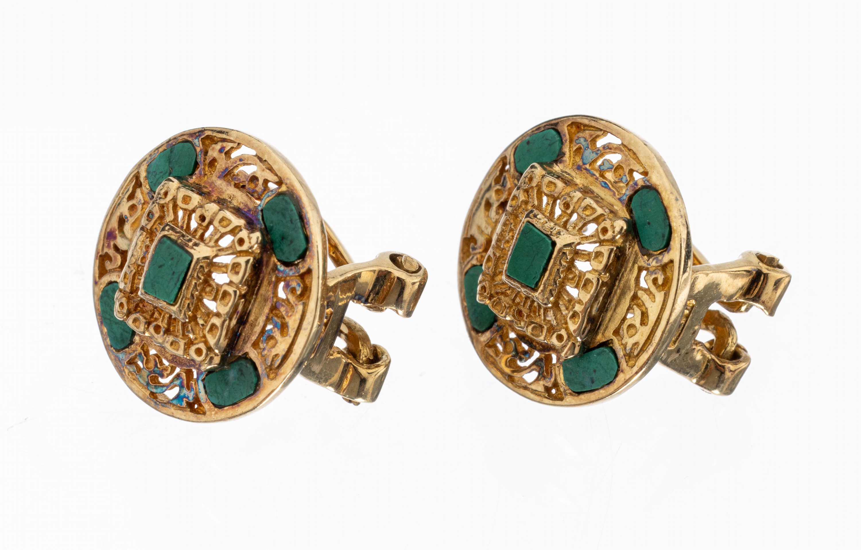 Paar 18 kt Gold Malachit-Ohrclips, GG 750/000, Mexiko 1950er-60er Jahre, teilw. durchbrochen gearbeitet, ca. 7.6 g
