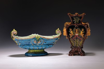 Image Jardiniere and vase, around 1880/1900, earthenware, blue-ground jardiniere with colorful ...