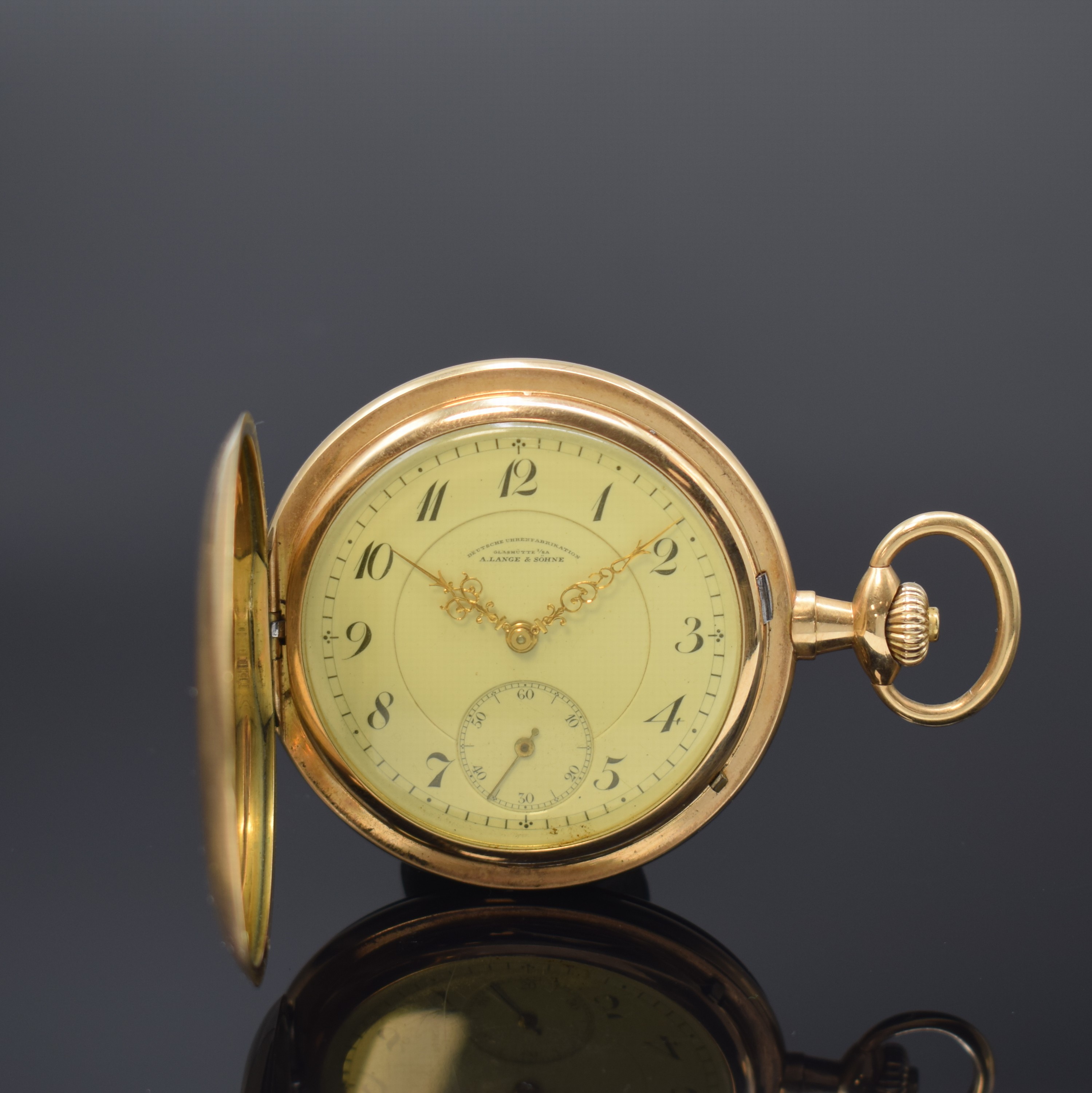 A. LANGE & SÖHNE Deutsche Uhrenfabrikation Herrensavonette in RoseG 585/000, Deutschland um 1915, glattes 3-Deckel Lucia Goldgeh. l. dell., ...