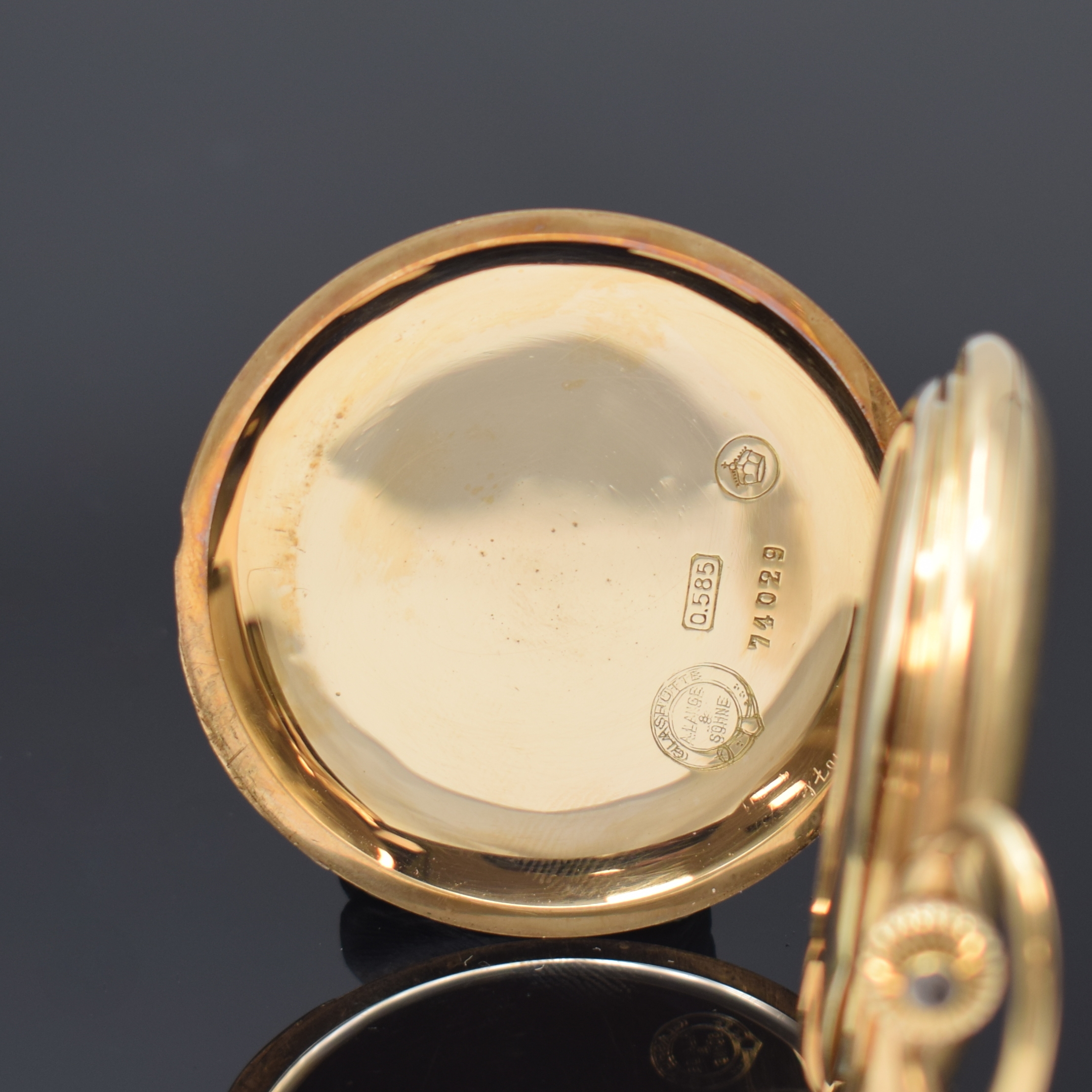 Detail d: A. LANGE & SÖHNE Deutsche Uhrenfabrikation Herrensavonette in RoseG 585/000, Deutschland um 1915, glattes 3-Deckel Lucia Goldgeh. l. dell., ...