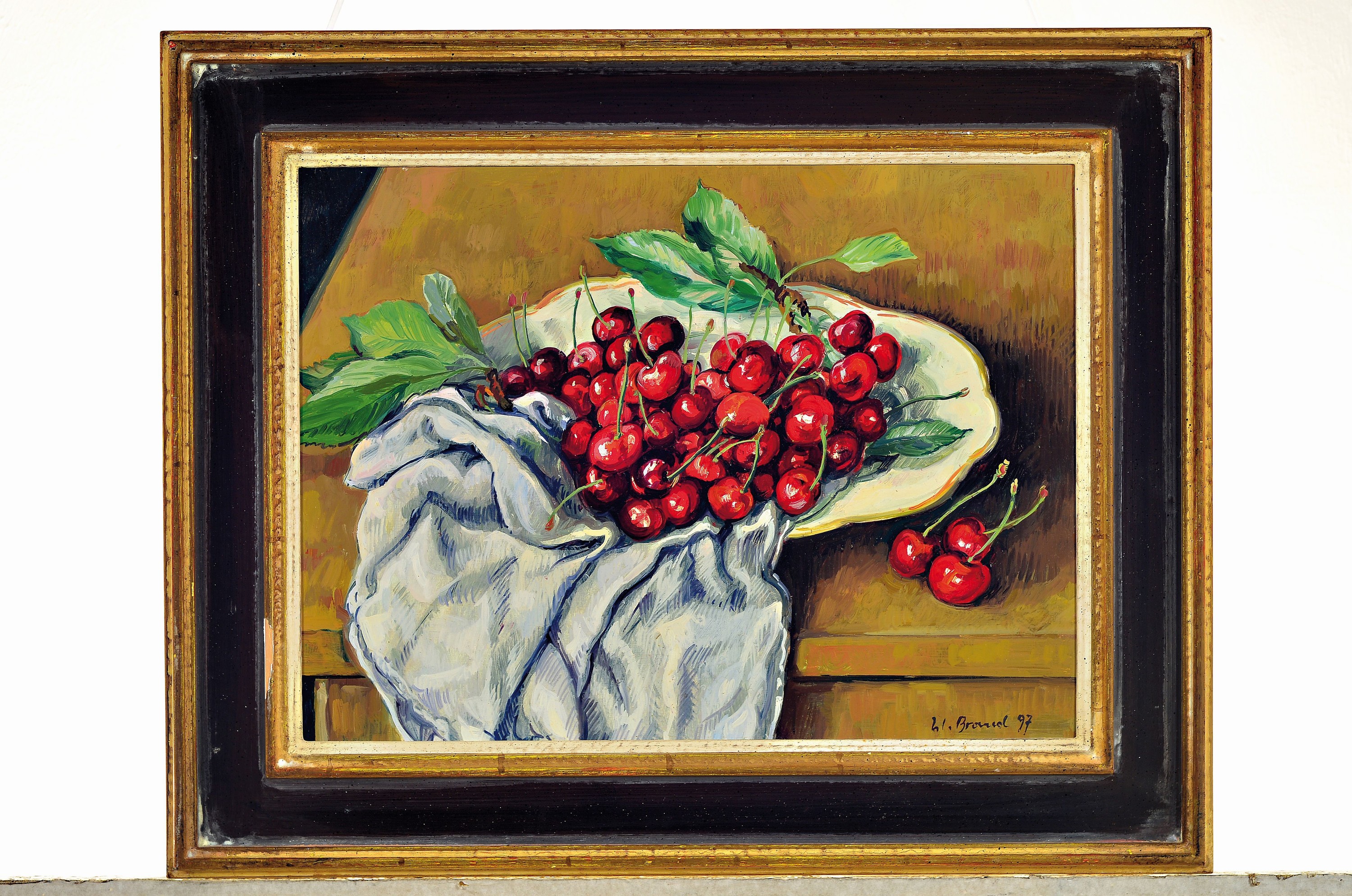 Detail k: Werner Brand, geb. 1933, Stillleben mit Kirschen, Öl/Lwd., signiert re. u. und dat. 97, ca. 30 x 40 cm, 41.5 x 51.5 cm, Rahmen l. best.