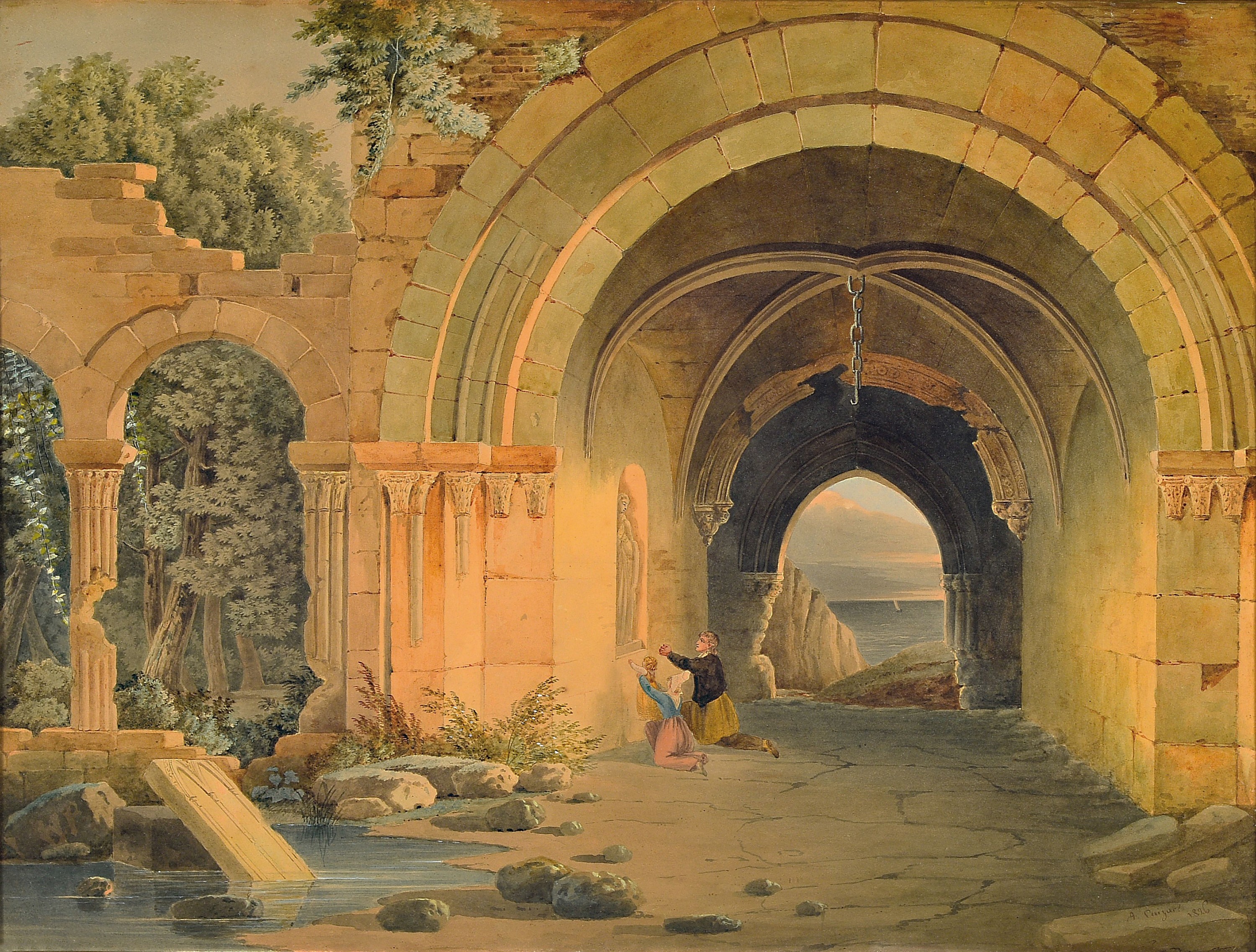 A. Caizac, franz. Aquarellist, tätig zwischen 1820 und 1844, Klosteranlage am Meer, Aquarell auf Papier, signiert und dat. 1826, ca. 48x65cm, u.Gl., ...