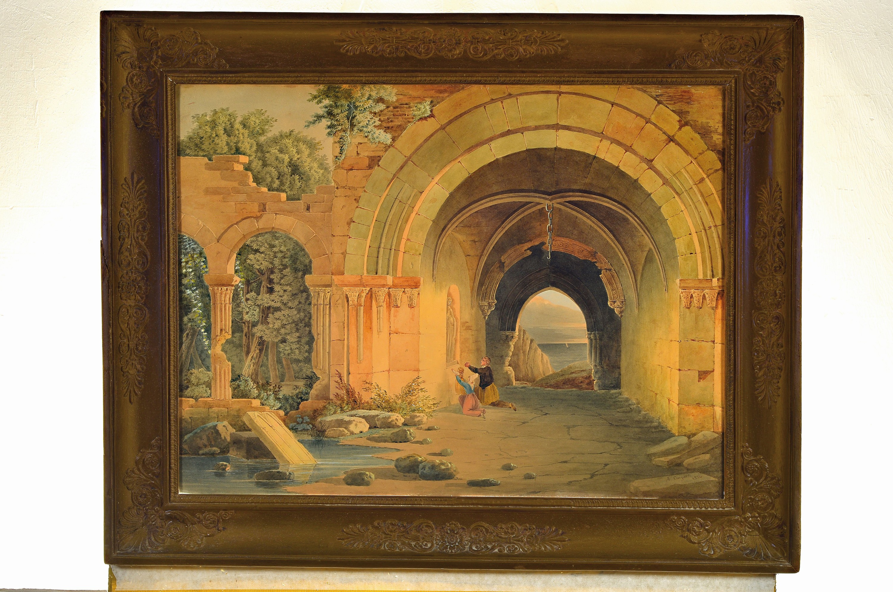 Detail k: A. Caizac, franz. Aquarellist, tätig zwischen 1820 und 1844, Klosteranlage am Meer, Aquarell auf Papier, signiert und dat. 1826, ca. 48x65cm, u.Gl., ...