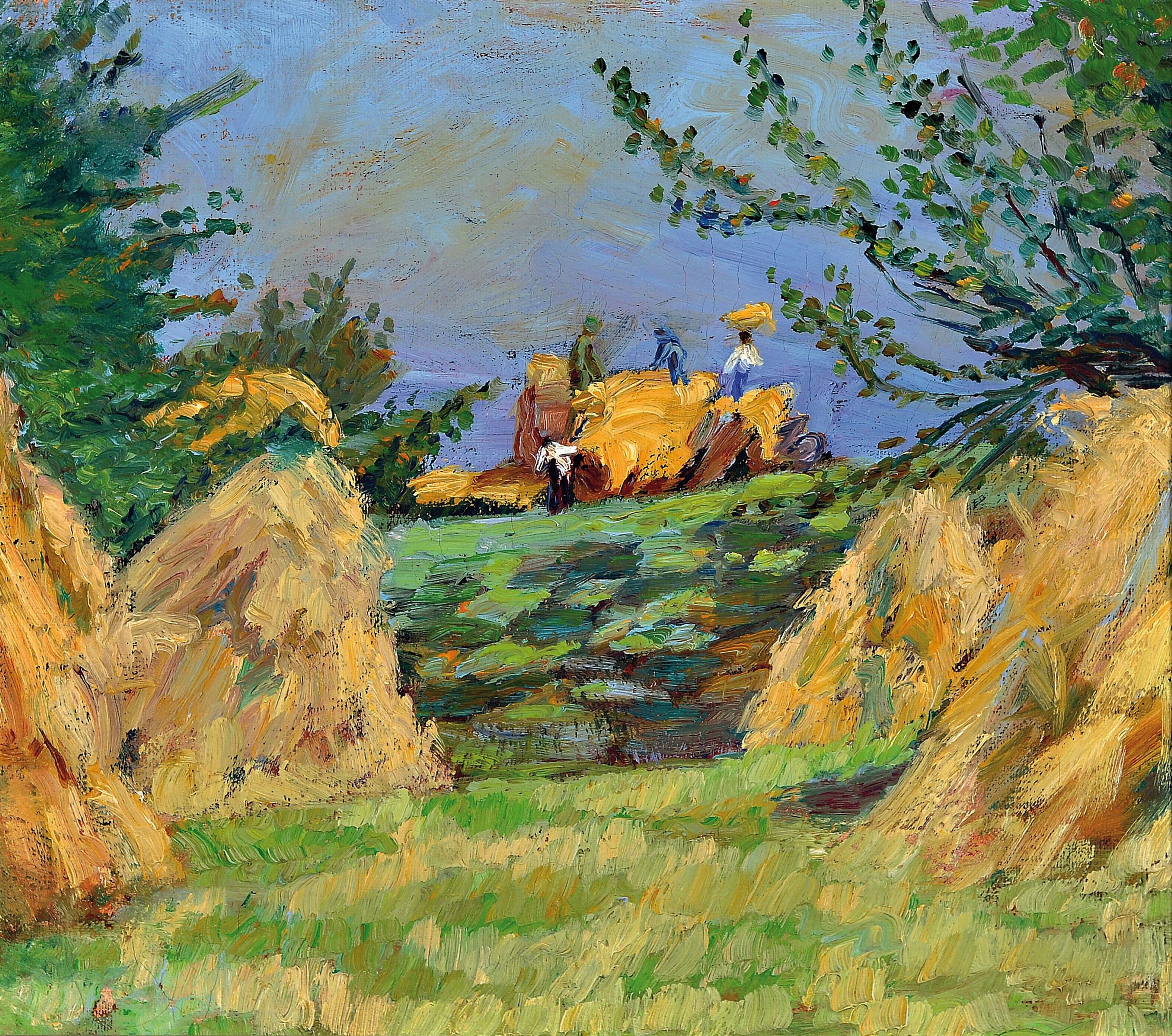 Albert Haueisen, 1872 Stuttgart-1954 Kandel, Bei der Heuernte, Öl/Lwd, rückseitig signiert und dat 1949, ca. 36x40cm, R. ca. 46x51cm, Haueisen war ...