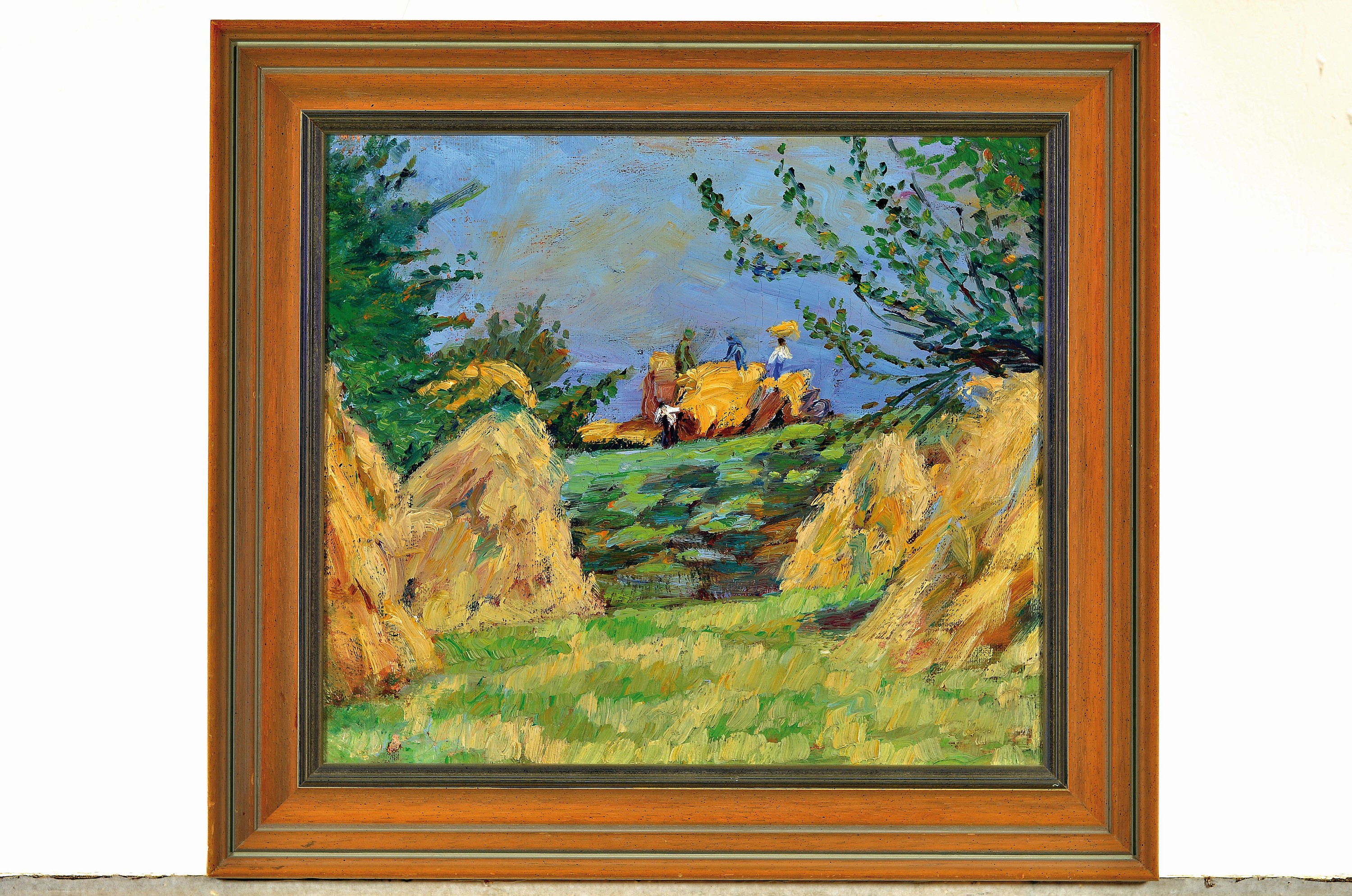 Detail k: Albert Haueisen, 1872 Stuttgart-1954 Kandel, Bei der Heuernte, Öl/Lwd, rückseitig signiert und dat 1949, ca. 36x40cm, R. ca. 46x51cm, Haueisen war ...