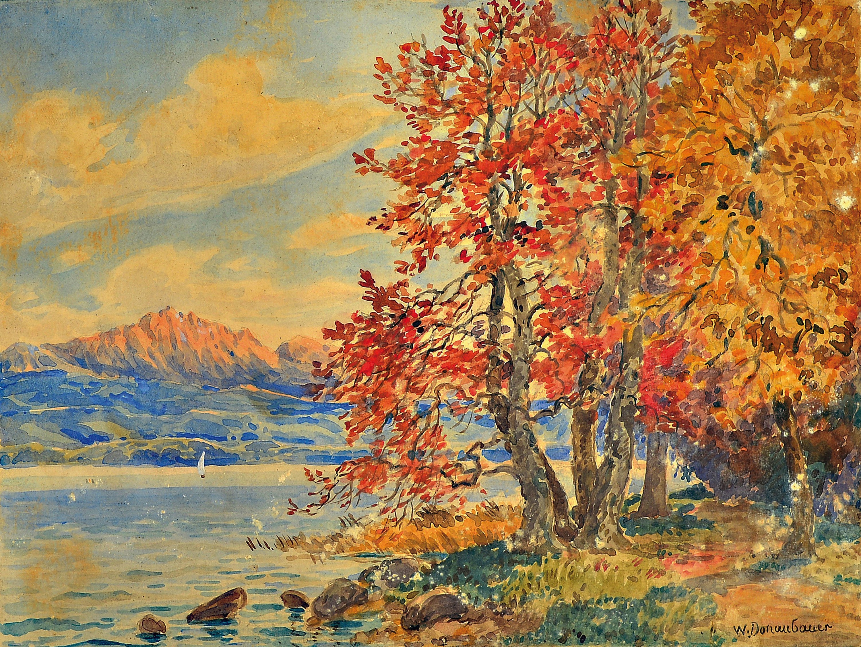 Detail b: Wilhelm Donaubauer, 1866 Ingolstadt-1949 Fürstenfeldbruck, 3 Arbeiten: Auenlandschaft mit Bachlauf und Ort im Hintergrund, Öl/ Malkarton, links ...