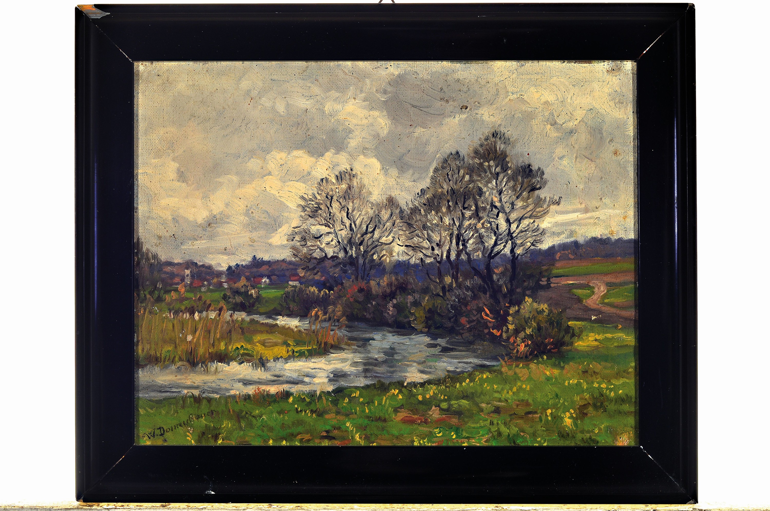 Detail k: Wilhelm Donaubauer, 1866 Ingolstadt-1949 Fürstenfeldbruck, 3 Arbeiten: Auenlandschaft mit Bachlauf und Ort im Hintergrund, Öl/ Malkarton, links ...