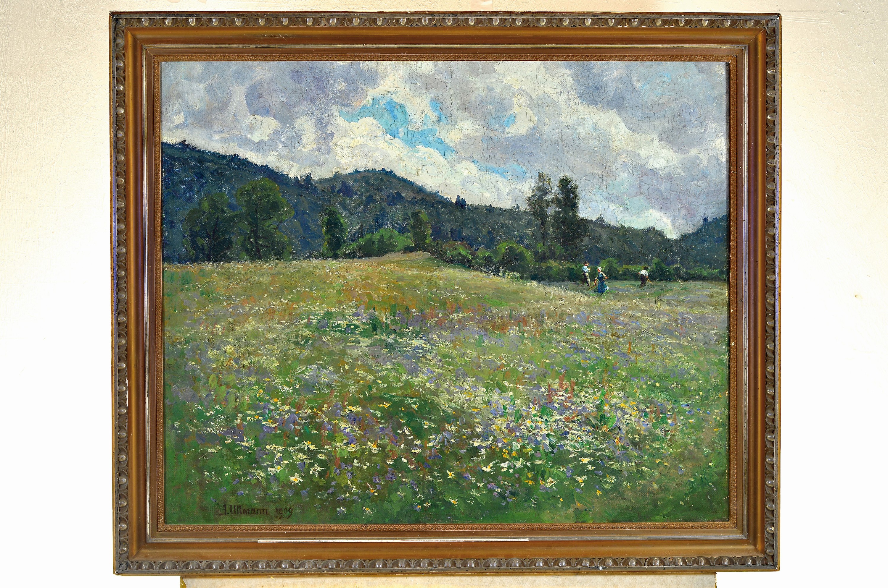 Detail k: Julius Ullmann, 1861 Linz-1918 Salzburg, Bauern beim Mähen einer Wiese, Öl/Lwd, links unten signiert und dat. 1909, ca. 70x84cm, R. ca. 81x97cm