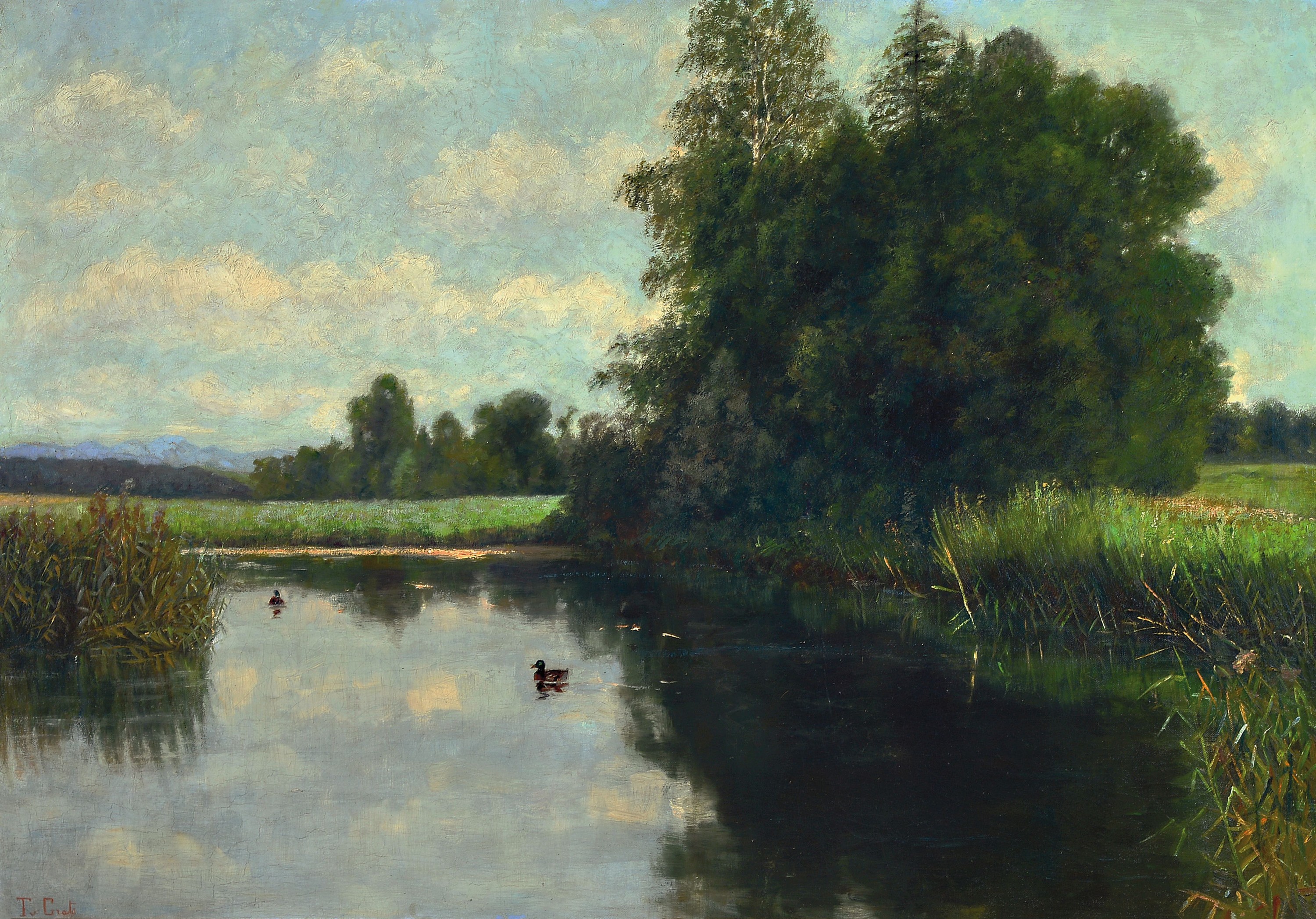T. v. Grote, Maler der ersten Hälfte des 20. Jh., Baum bestandener Teich mit Enten in weiter Landschaften, Öl/Lwd, links unten sign., ca. 66x92cm, ...