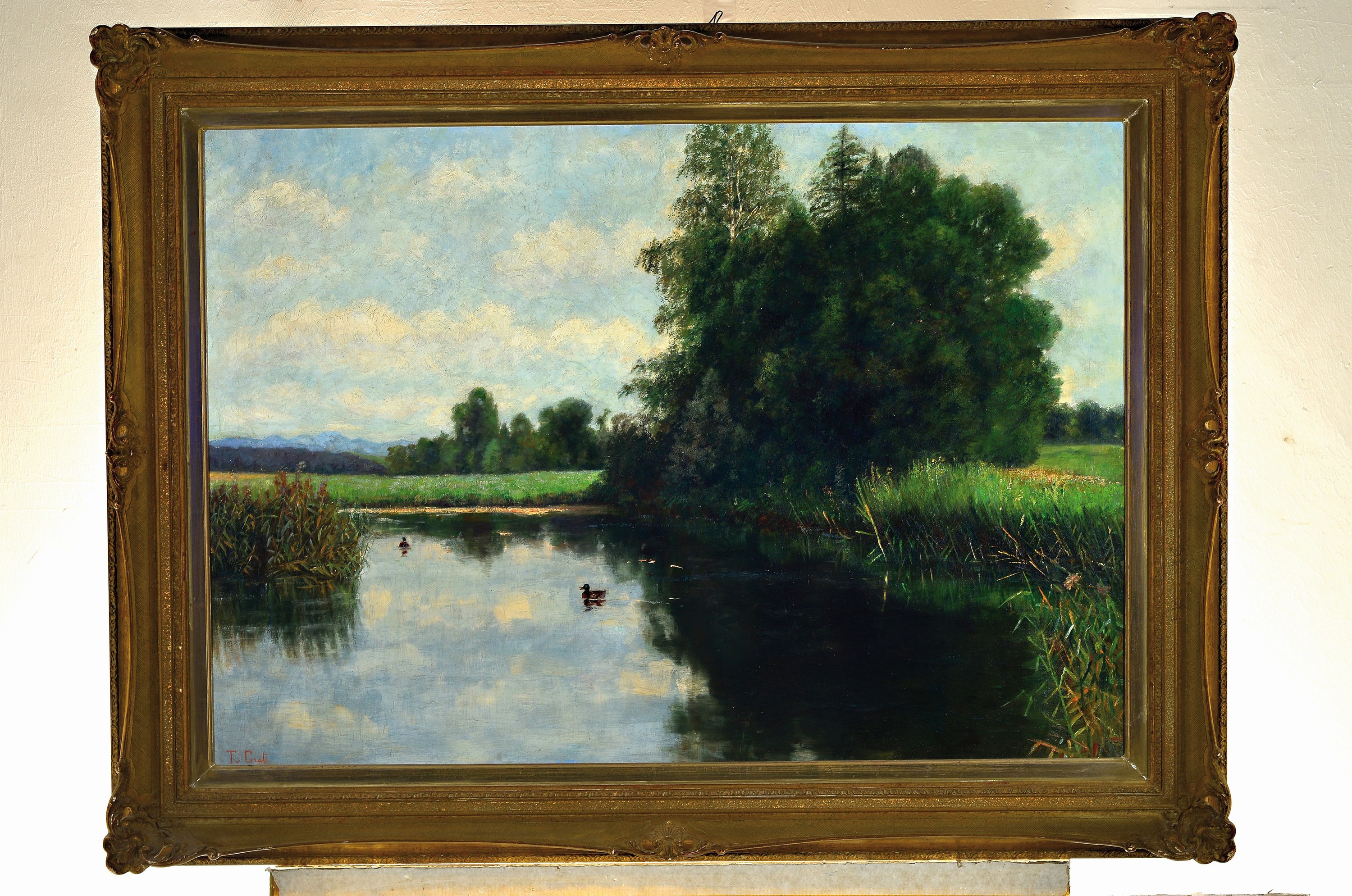 Detail k: T. v. Grote, Maler der ersten Hälfte des 20. Jh., Baum bestandener Teich mit Enten in weiter Landschaften, Öl/Lwd, links unten sign., ca. 66x92cm, ...