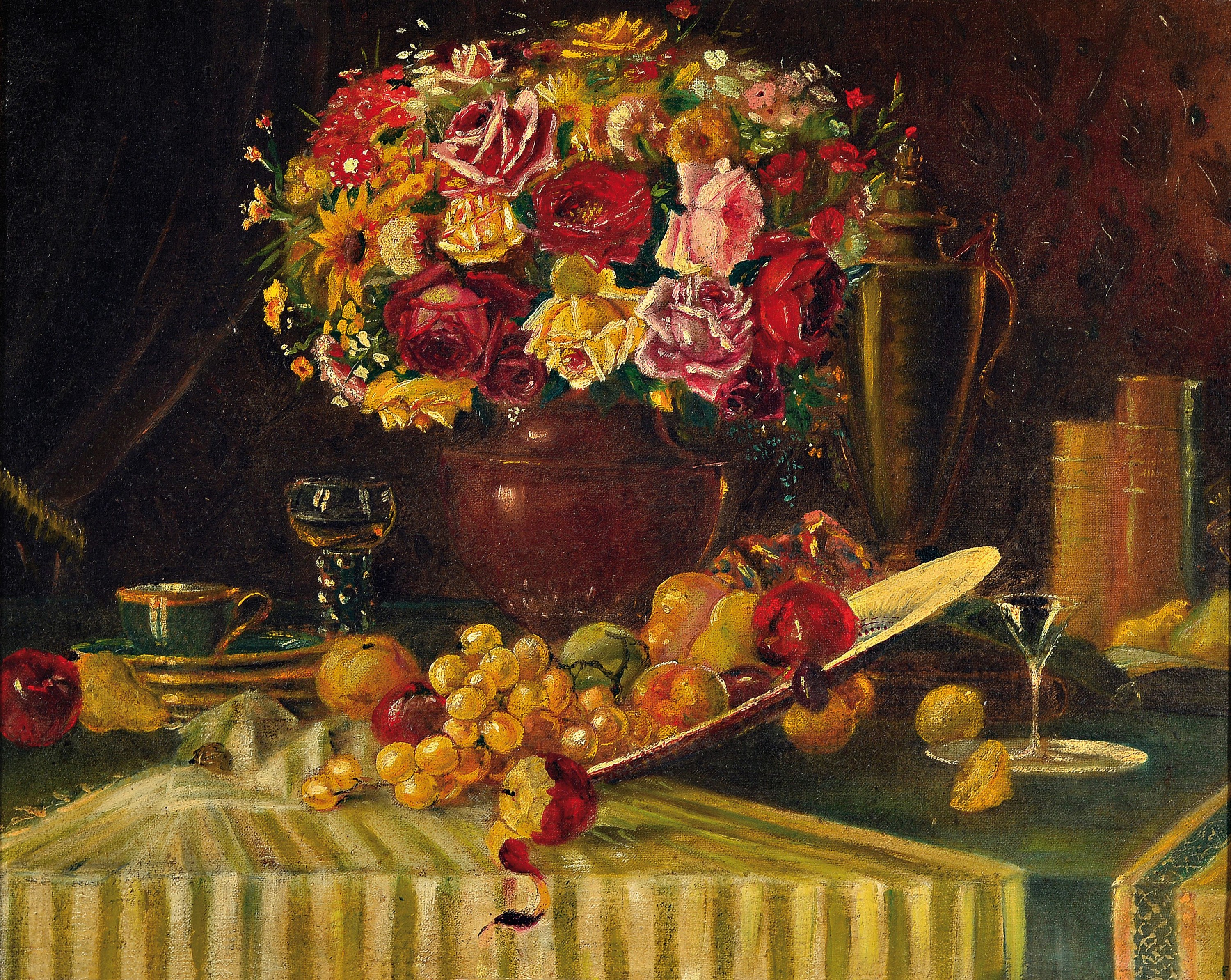 Unbekannter Künstler, wohl deutsch, 1. Hälfte 20. Jh., Tisch-Stillleben mit Blumen, Obst und Geschirr, Öl/Lwd, unsign., ca. 42x52cm, Keilrahmen ...