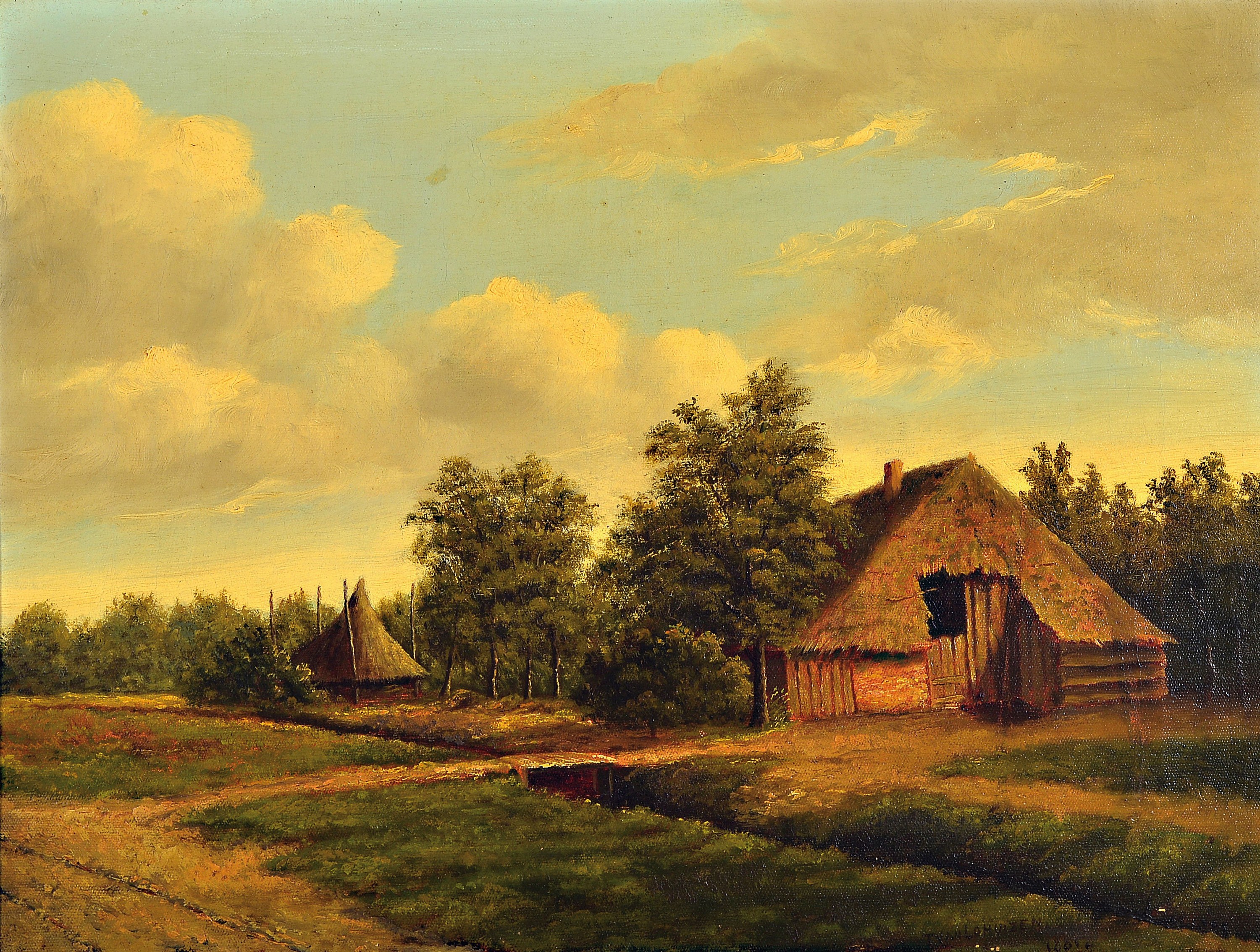 T. van Lohuizen, niederl. Maler, dat. 1881, Landschaft mit Bauernhaus und Schober, Öl/Lwd, rechts unten sign. und dat., ca. 35x47cm, R. ca. 45x56cm