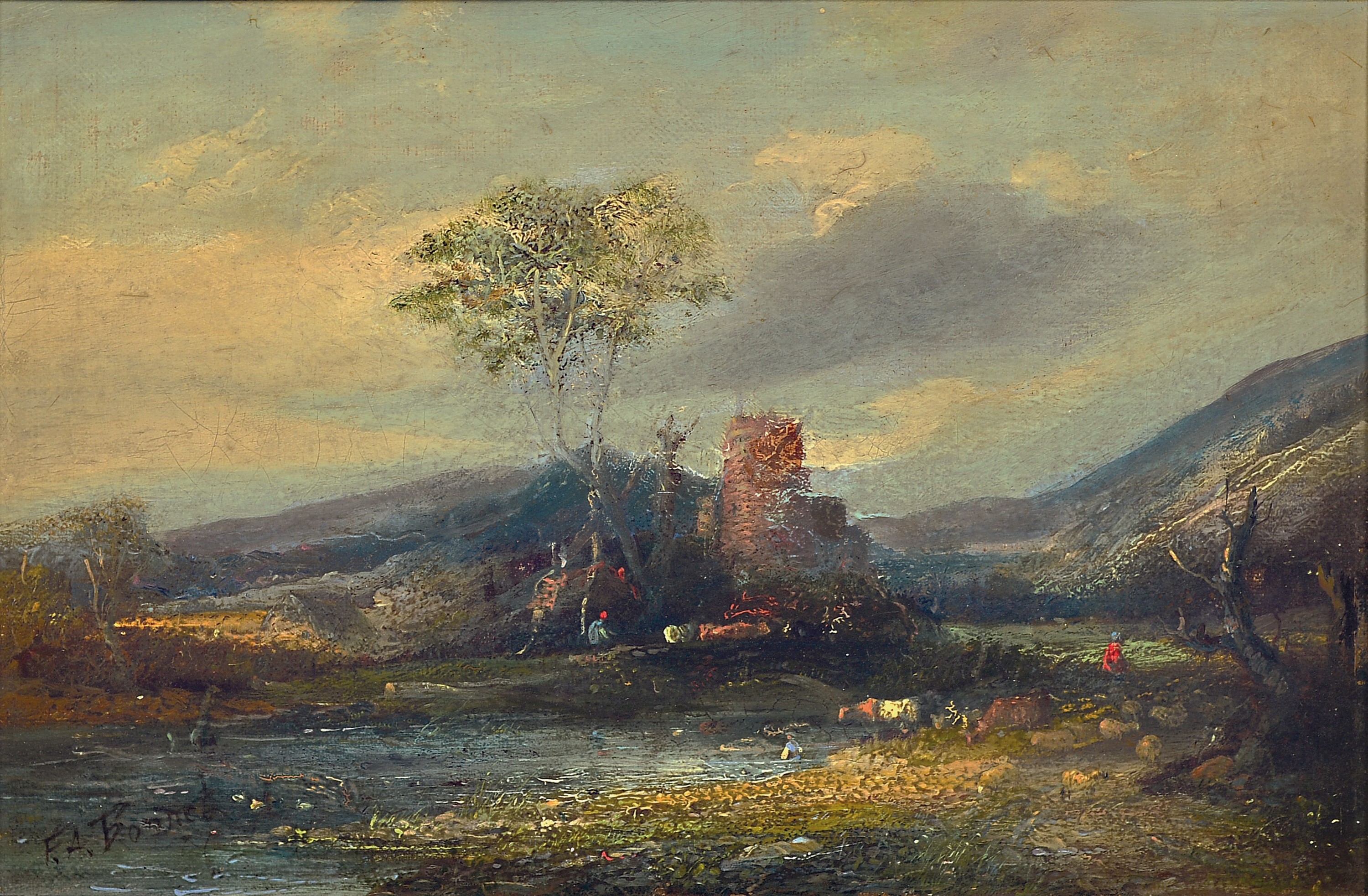 Felix Alfred Bonnet, 1847-1925, Weite Landschaft mit Ruine und Personen, Öl/Lwd, links unten signiert, ca. 21x31cm, R. ca. 32x42cm