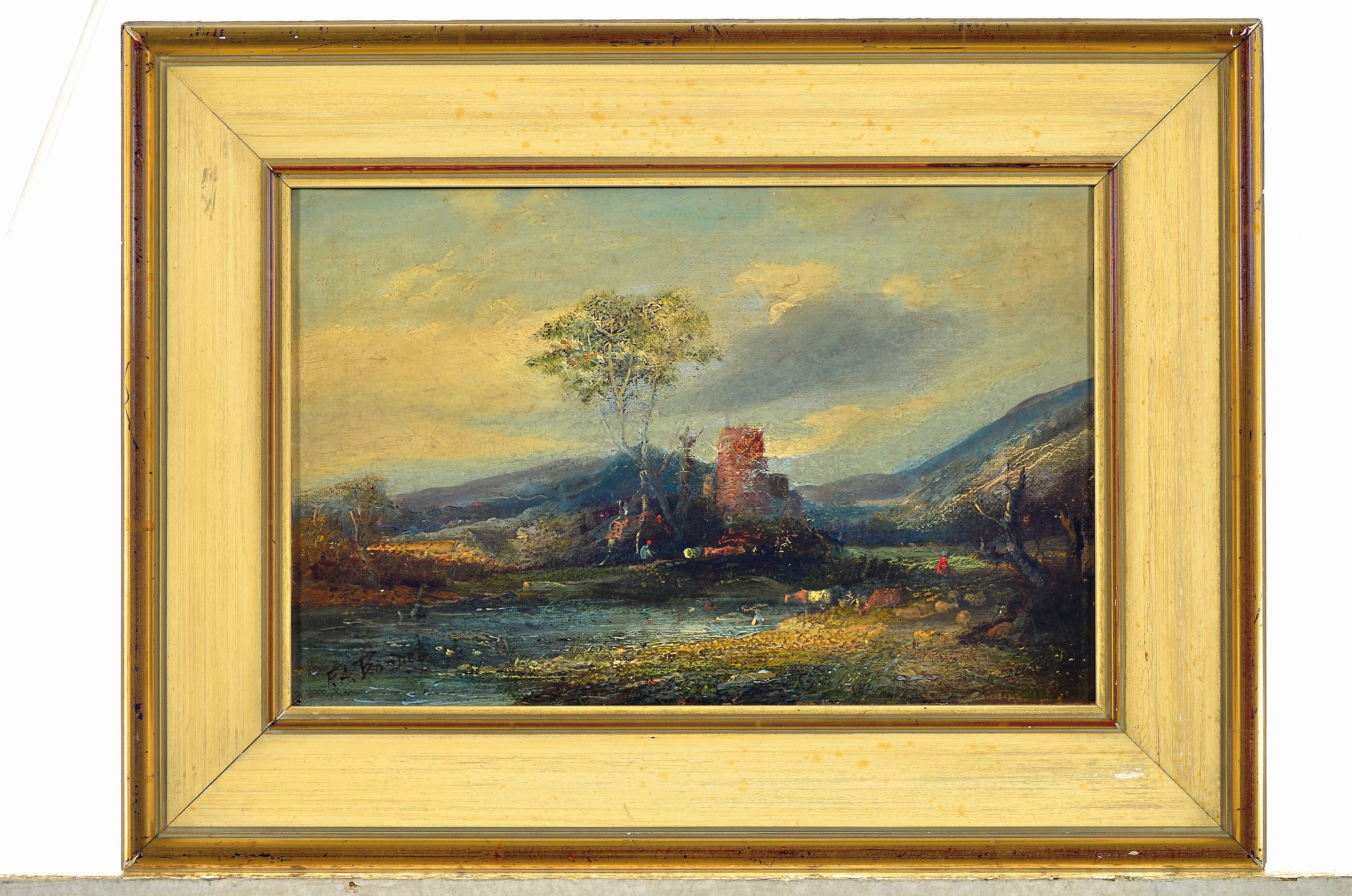 Detail k: Felix Alfred Bonnet, 1847-1925, Weite Landschaft mit Ruine und Personen, Öl/Lwd, links unten signiert, ca. 21x31cm, R. ca. 32x42cm