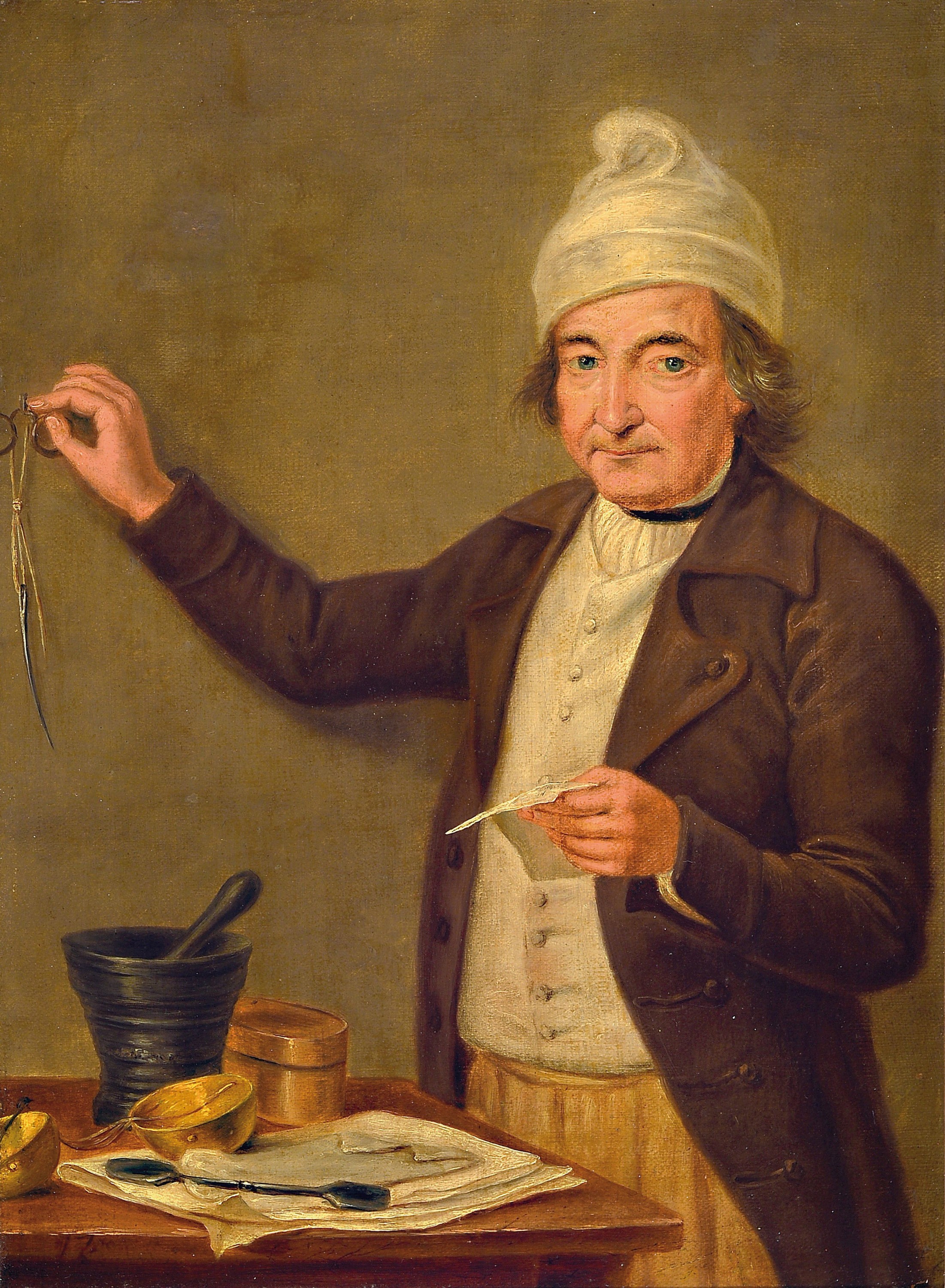 Detail a: Unbekannter Maler des 19. Jh., Paar Porträts, Frau mit Spindel und Mann mit Mörser und Waagschale, Öl/Lwd, rest., doubl., je ca. 40x30cm, R. ca. ...