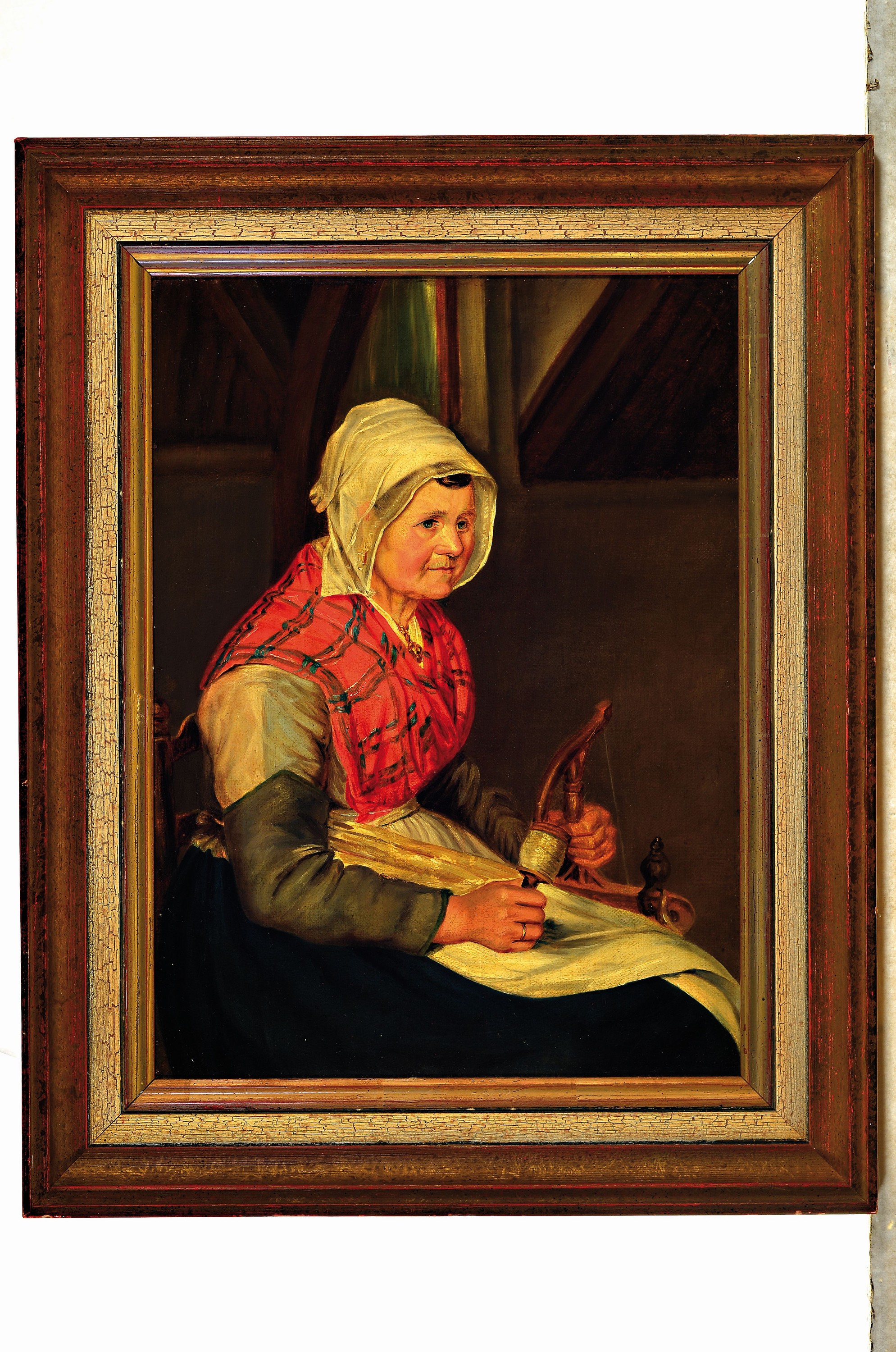 Detail k: Unbekannter Maler des 19. Jh., Paar Porträts, Frau mit Spindel und Mann mit Mörser und Waagschale, Öl/Lwd, rest., doubl., je ca. 40x30cm, R. ca. ...