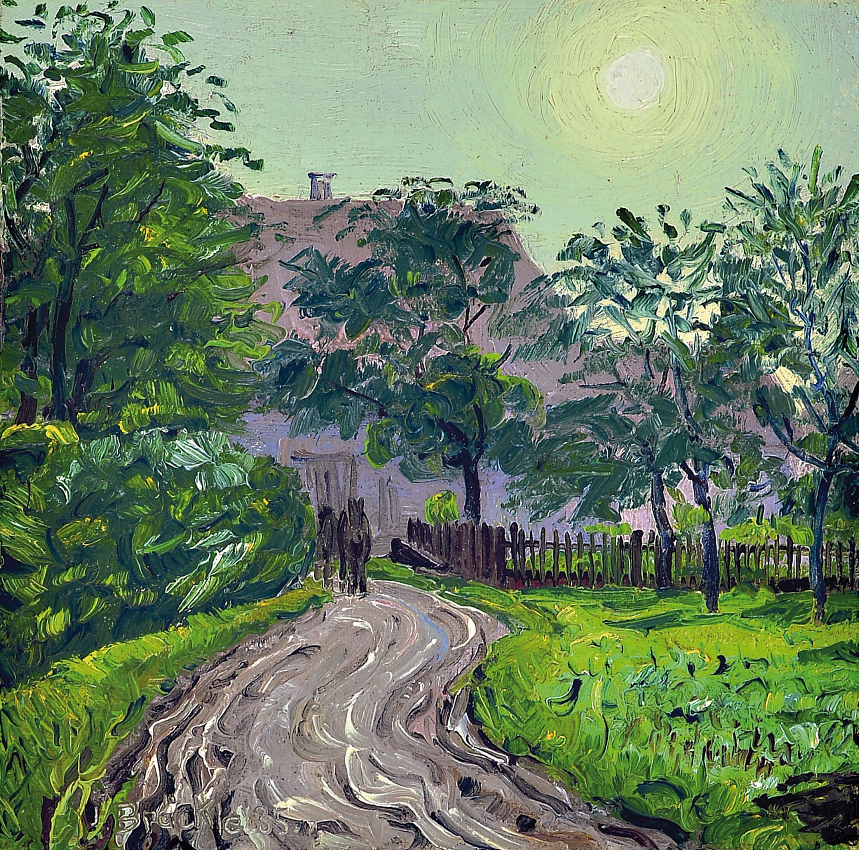 Jakob Bräckle, 1897 Winterreute-1987 Biberach, Weg durch einen Zaun zu einem Gutshof, Öl/Malkarton, links unten signiert und dat. 35, ca. 16x16cm, ...