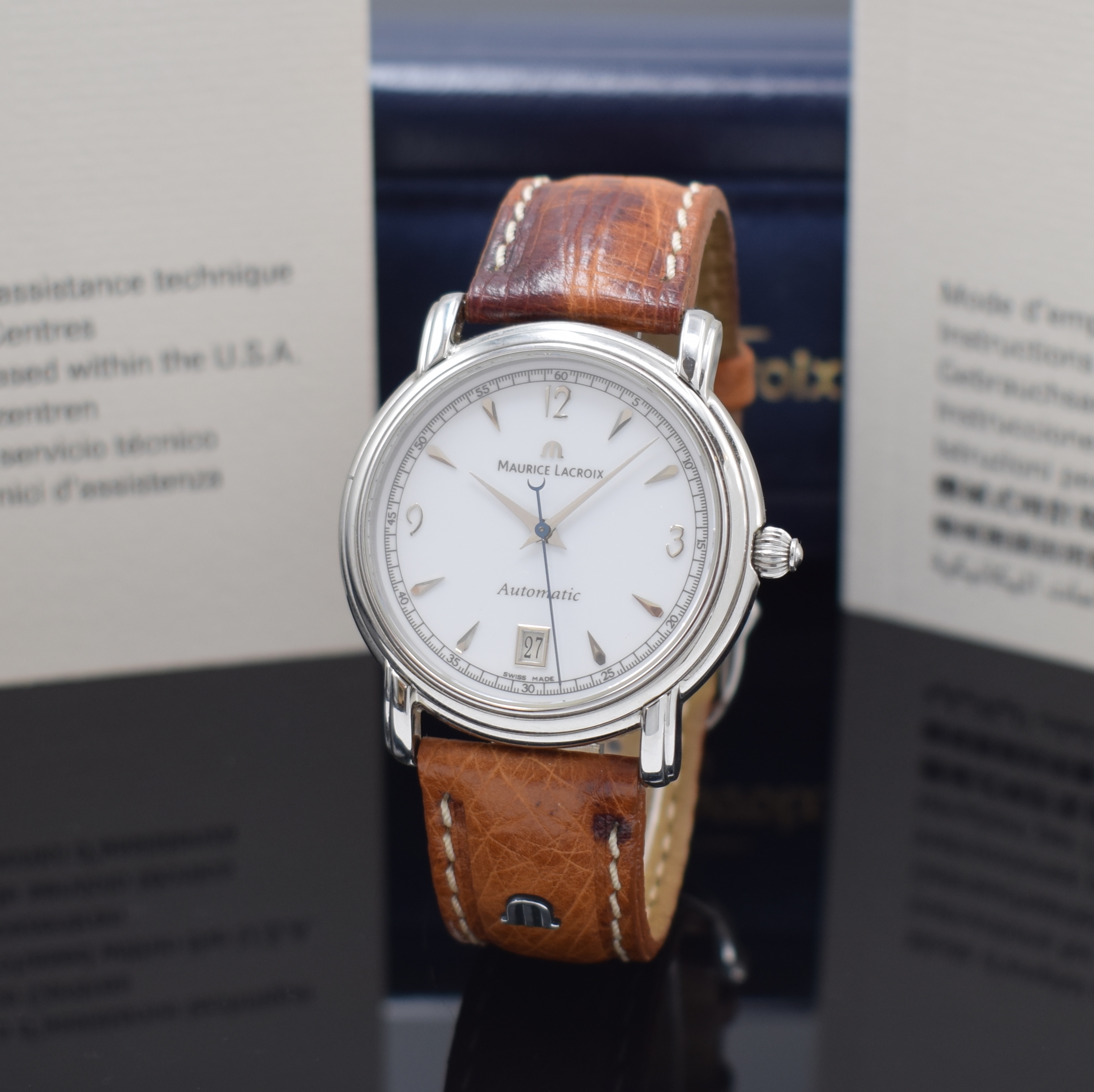 MAURICE LACROIX Pontos Herrenarmbanduhr Referenz 68775, Schweiz um 2000, Automatik, Edelstahlgeh., Boden aufgedr., orig. Lederband m. Dornschl., ...