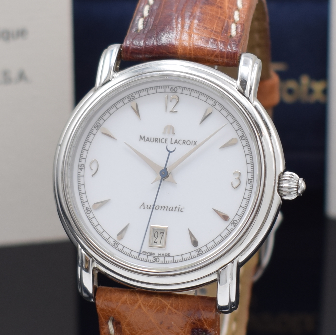 Detail a: MAURICE LACROIX Pontos Herrenarmbanduhr Referenz 68775, Schweiz um 2000, Automatik, Edelstahlgeh., Boden aufgedr., orig. Lederband m. Dornschl., ...