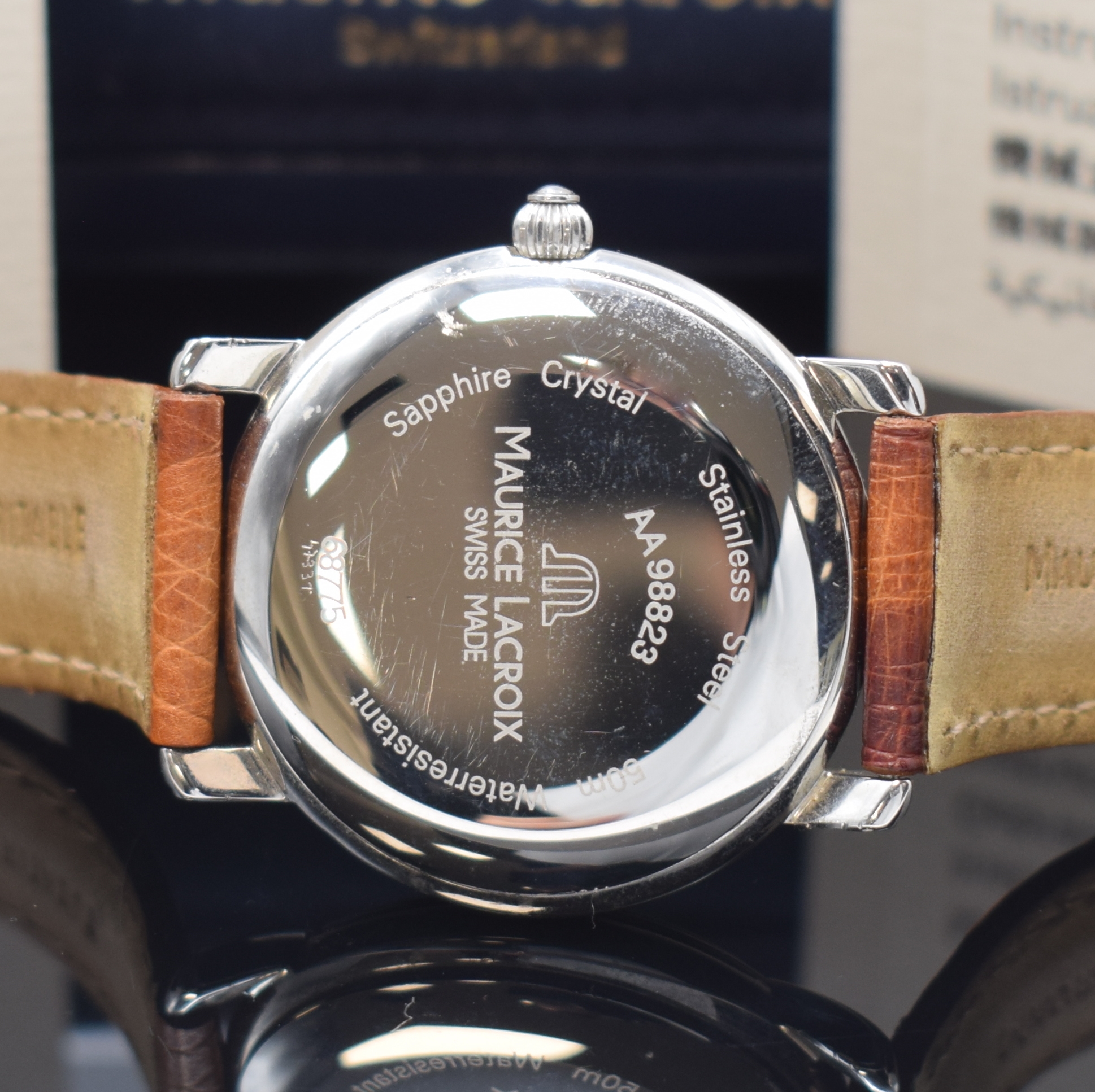 Detail c: MAURICE LACROIX Pontos Herrenarmbanduhr Referenz 68775, Schweiz um 2000, Automatik, Edelstahlgeh., Boden aufgedr., orig. Lederband m. Dornschl., ...