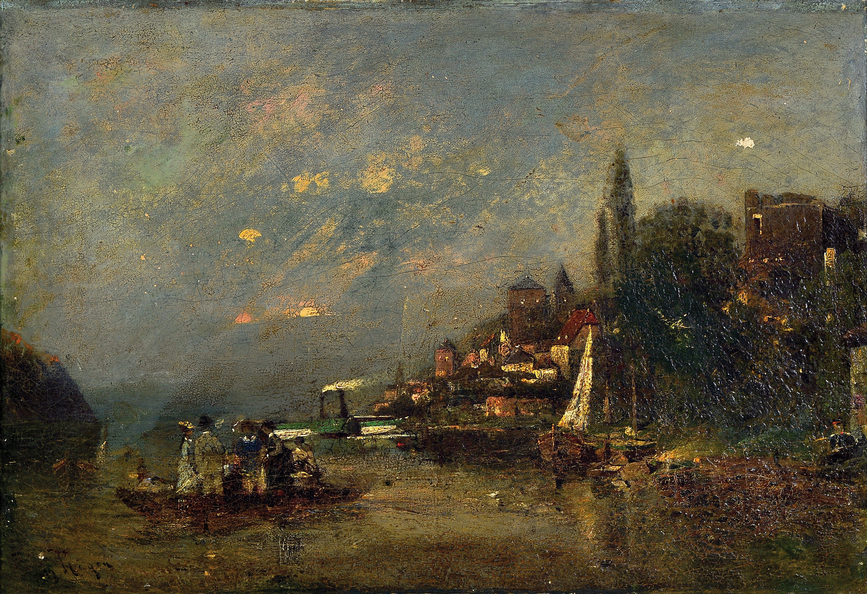 Prof. Theodor Hagen, 1872 Düsseldorf - 1919 Weimar, südliche Landschaft, wohl Oberitalienische Seen Ansicht, im Vordergrund Personen im Ruderboot, ...
