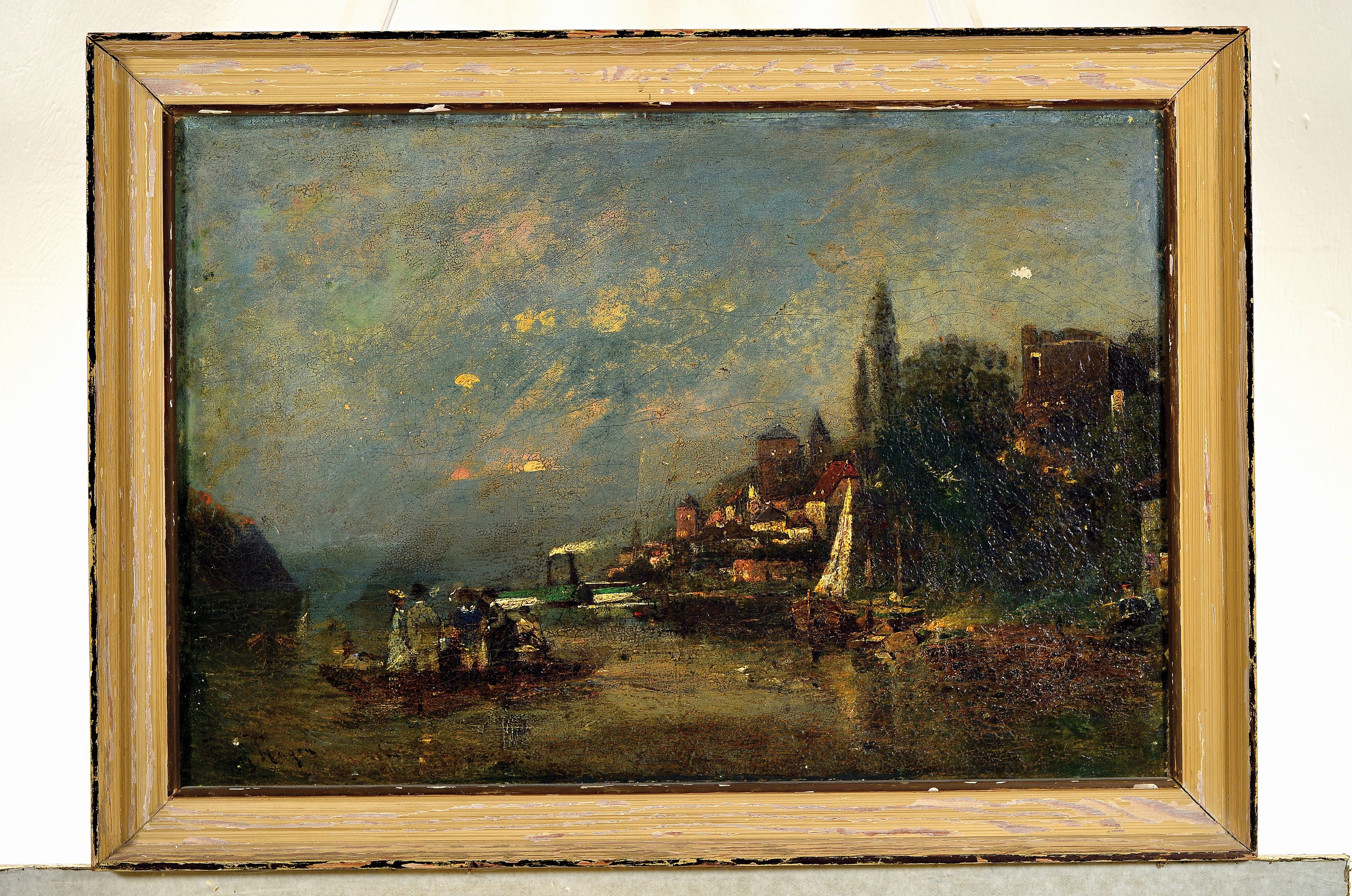 Detail k: Prof. Theodor Hagen, 1872 Düsseldorf - 1919 Weimar, südliche Landschaft, wohl Oberitalienische Seen Ansicht, im Vordergrund Personen im Ruderboot, ...