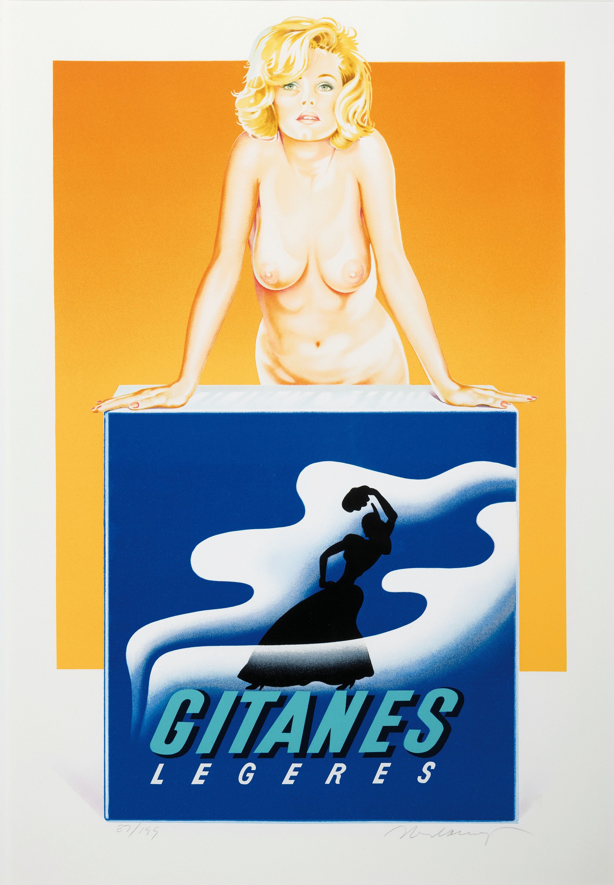 Mel Ramos, 1835 Sacramento-2018 Oakland, Gitanes, Farblithographie auf Velin, handsign. und num. 37/199, ca. 66.5x43cm, u.Gl., R. ca. 91x67cm, WVZ ...