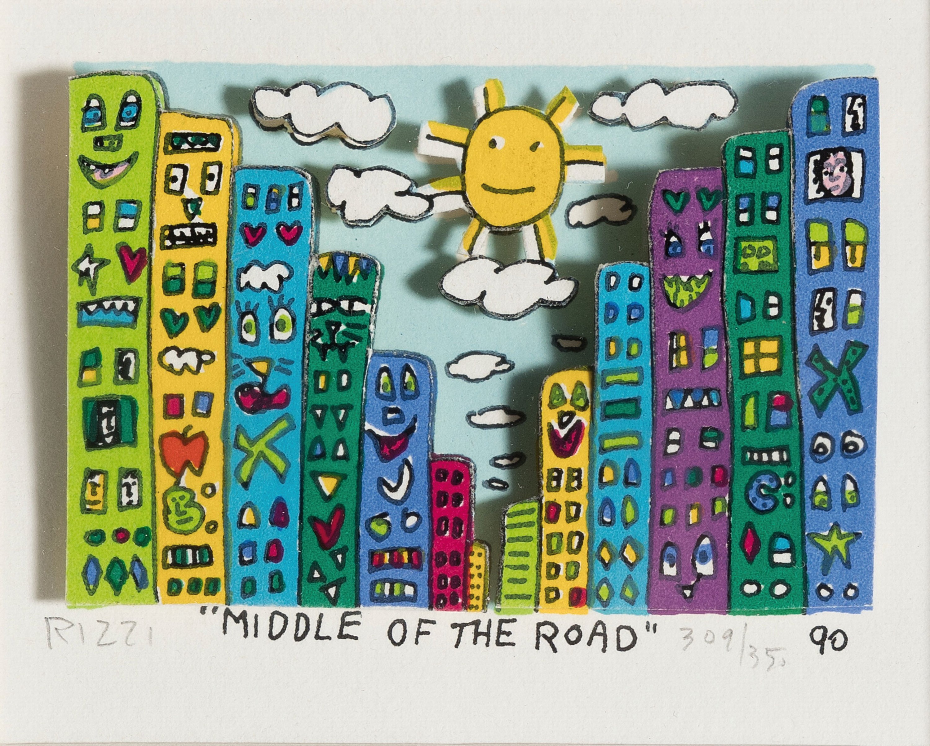 James Rizzi, 1950-2011 New York, Middle of the Road, dreidimensionale Farblithographie von 1990, handsign. und num. 309/350, ca. 5x8cm, PP, u.Gl., R. ...