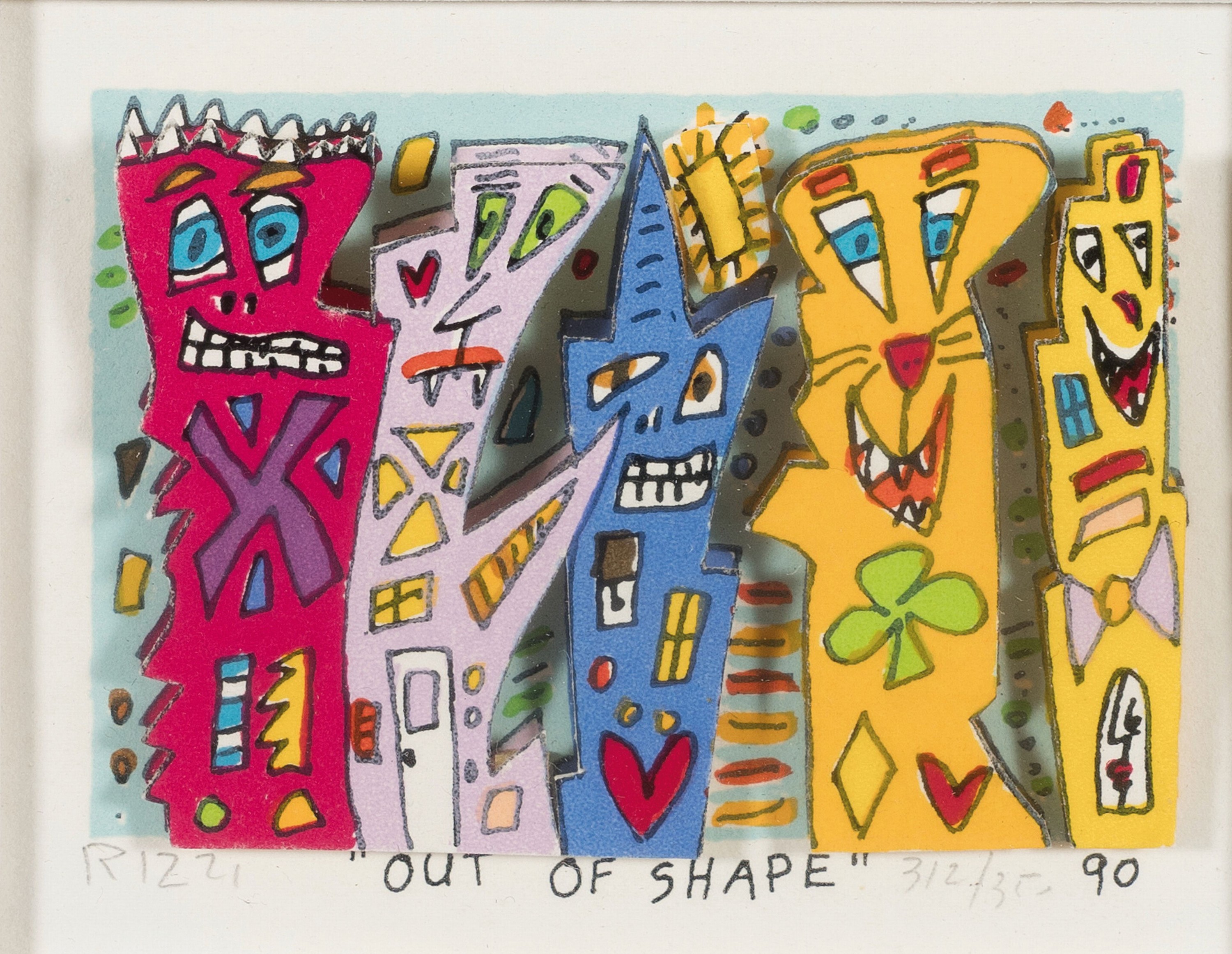 James Rizzi, 1950-2011 New York, Out of shape, 3-dimensionale Farblithographie von 1990, handsign. und num. 312/350, ca. 5x7.5cm, PP, u.Gl., R. ...