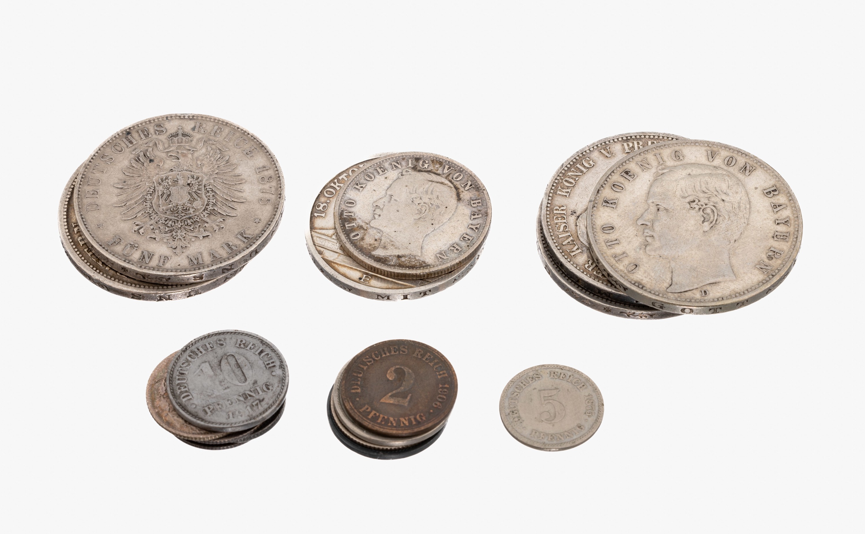 Konvolut 33 Münzen, Deutsches Kaiserreich, best. aus: 7 x 5 Mark: 3 x Wilhelm II Deutscher Kaiser 1893, 1903, 1908, 1 x Otto von Bayern 1899, 1 x ...
