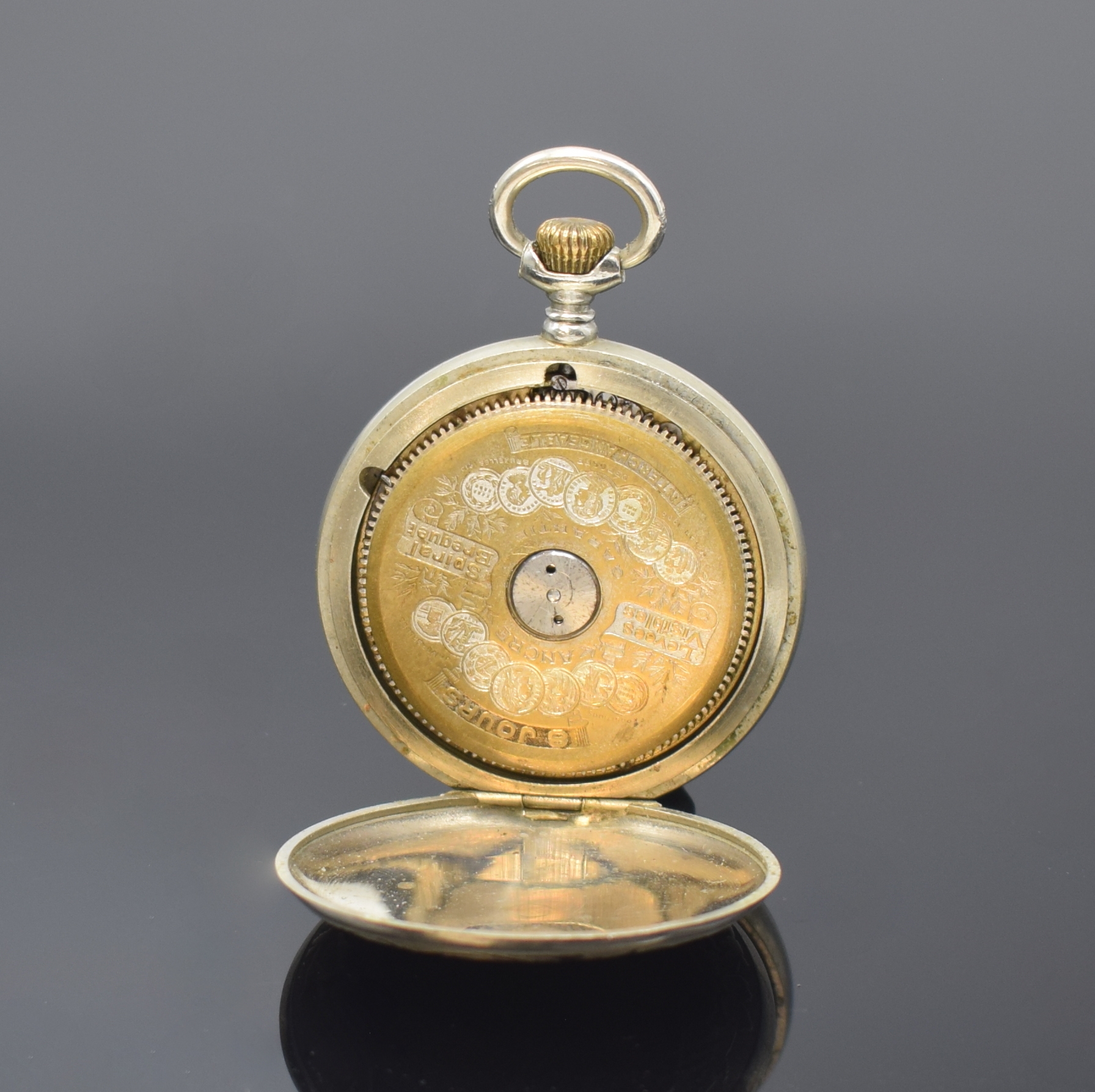 Detail f: HEBDOMAS 8-Tage Taschenuhr und eine Savonette, Schweiz um 1905/1915, 1) Hebdomas offene Taschenuhr m. grav. Rückdeckel, Zifferbl. riss., arab. ...