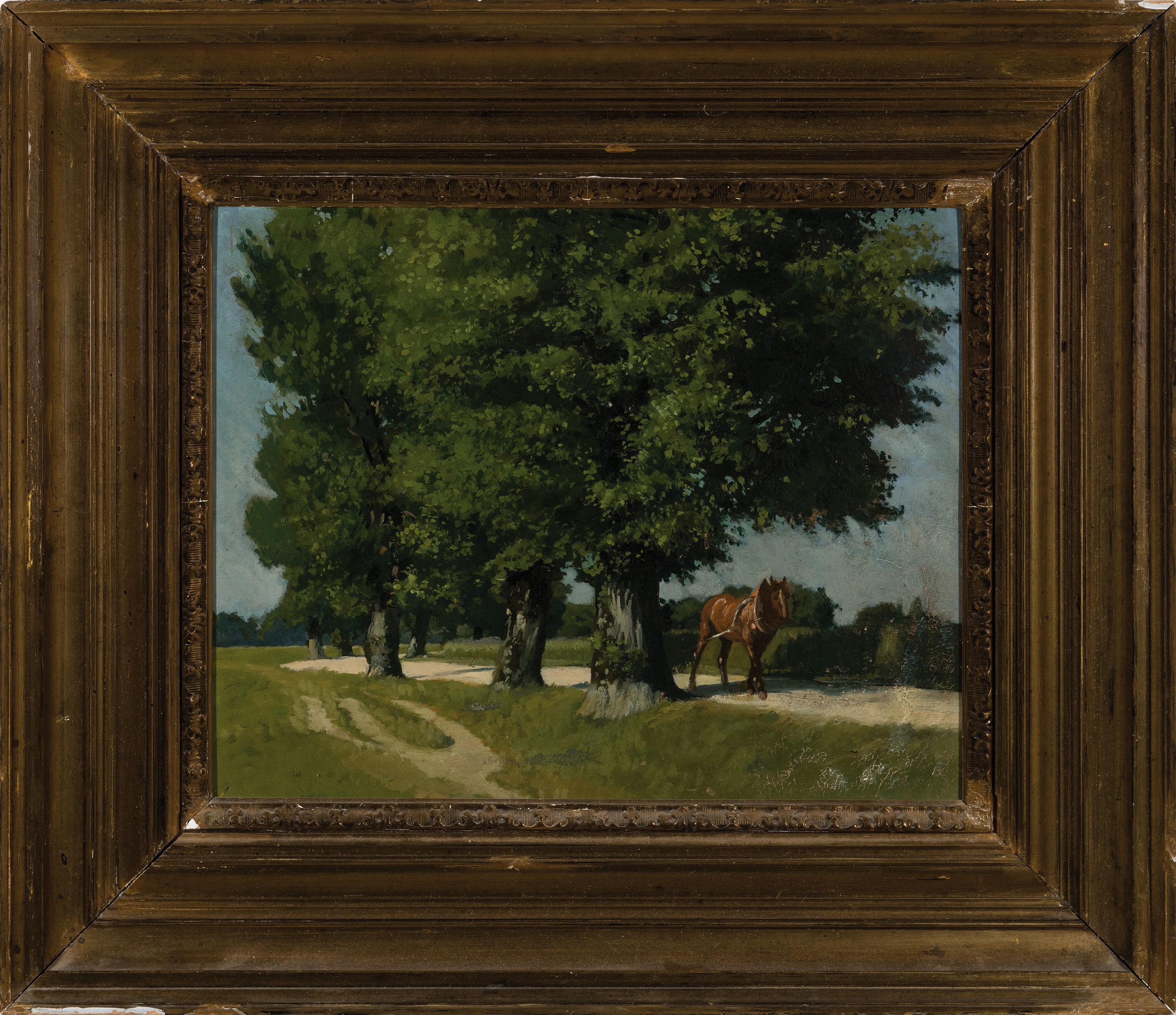 Detail k: Max Barascudts, 1869 St.Denis-1927 München, Arbeitspferd auf Baum bestandenem Weg, Öl/Malkarton, leicht gewölbt, rückseitig signiert, ca. ...