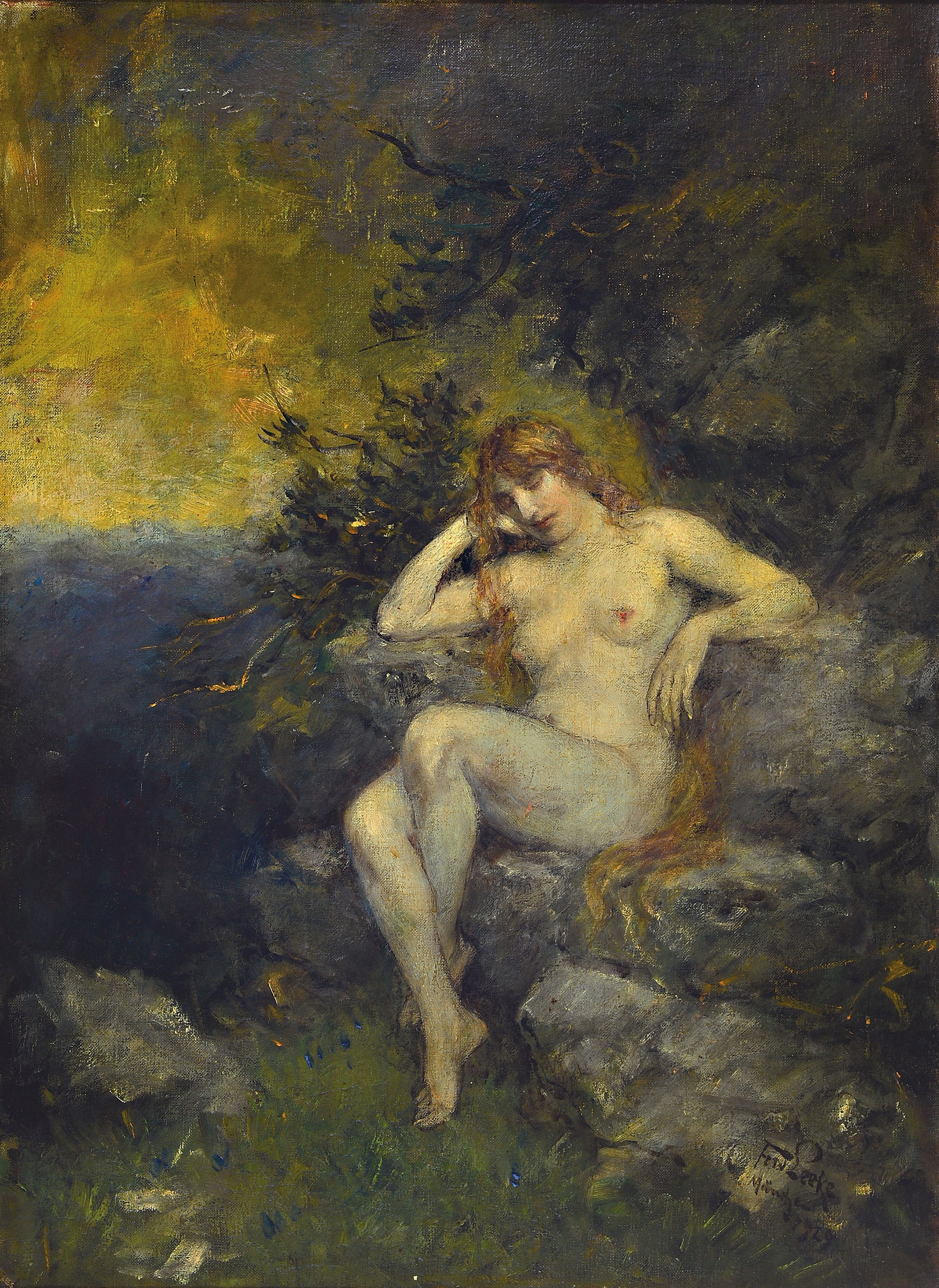 Ferdinand Leeke, 1859 Burg bei Magdeburg - 1937 Nürnberg, sitzende Nymphe in Waldlandschaft, Öl/Lwd., re. u. signiert und dat. München 1929, 60 x ...