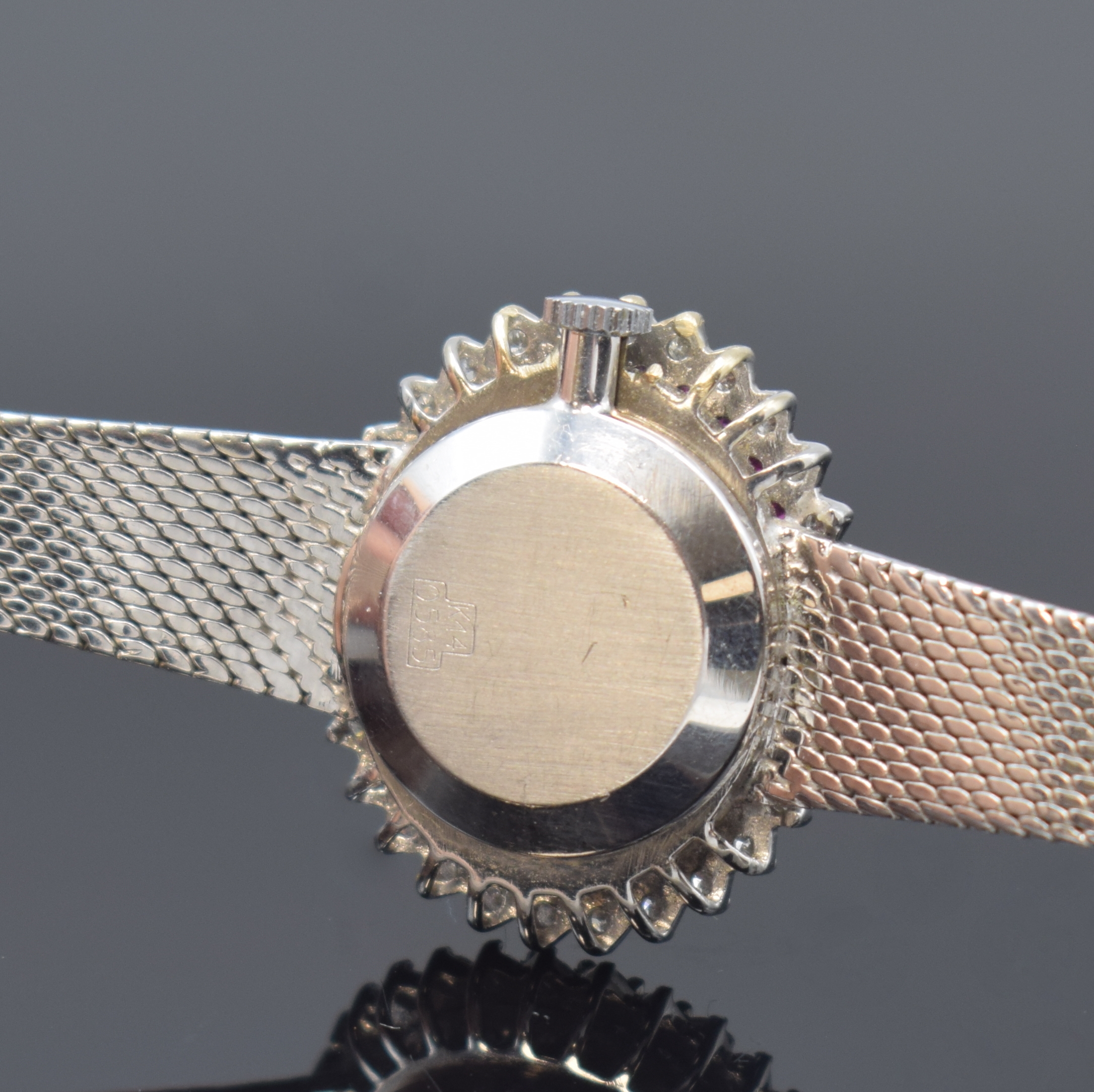 Detail c: PRECIMAX Damenarmbanduhr in WG 585/000 mit Diamanten und Rubinen, Schweiz um 1970, Handaufzug, Boden aufgedr., Lünette aufw. m. Diamanten u. Rubinen ...