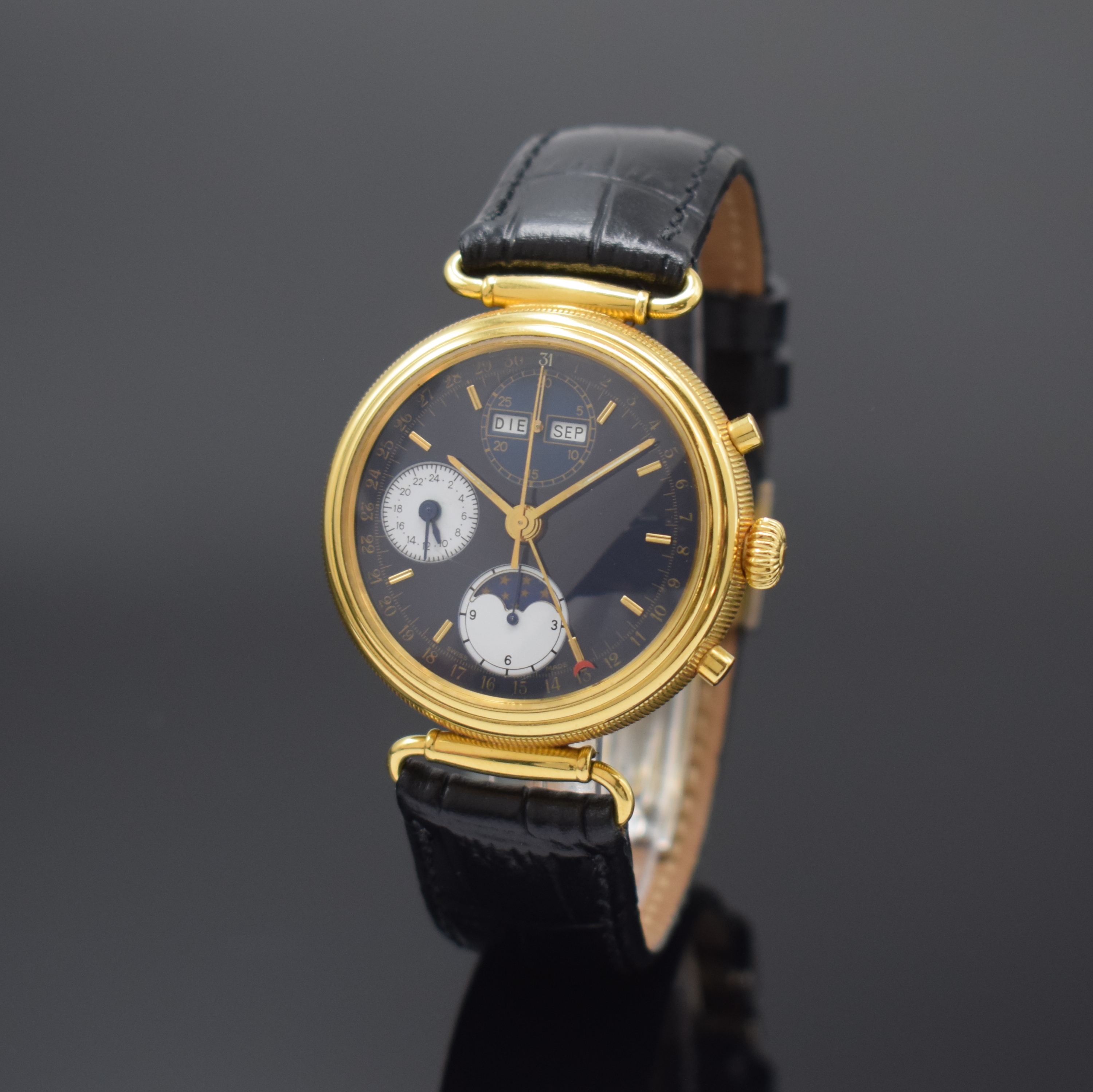 Herrenarmbanduhr mit Chronograph und Vollkalender, Schweiz um 1995, Automatik, beids. vergl. Geh., Boden aufgedr., Korrekturdrücker seitl. im Geh. ...