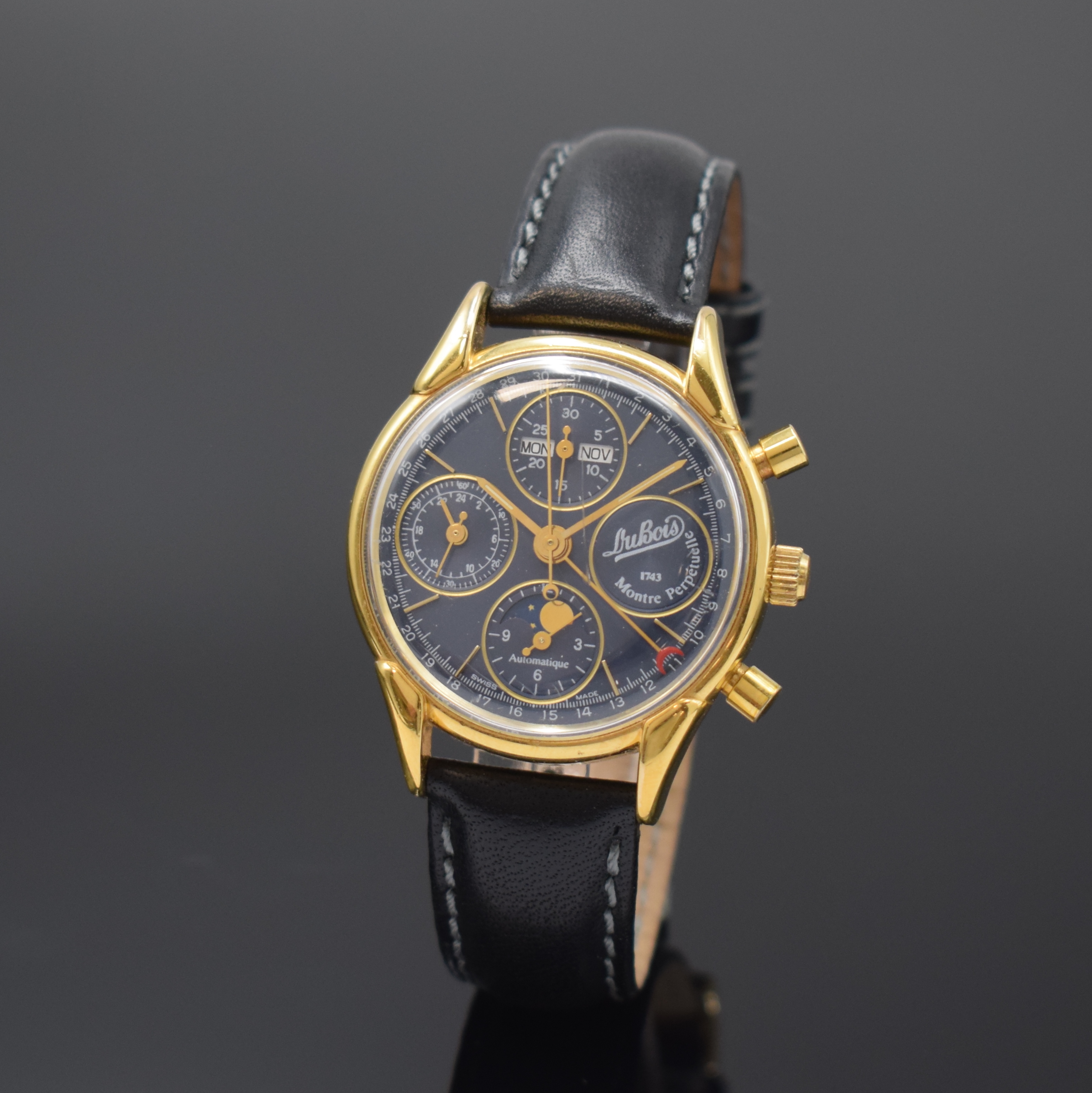 DU BOIS vergoldeter Herrenchronograph mit Vollkalender Edition d'Anniversaire, Schweiz um 1993, Automatik, Boden aufgedr., Korrekturdr. seitl. ...