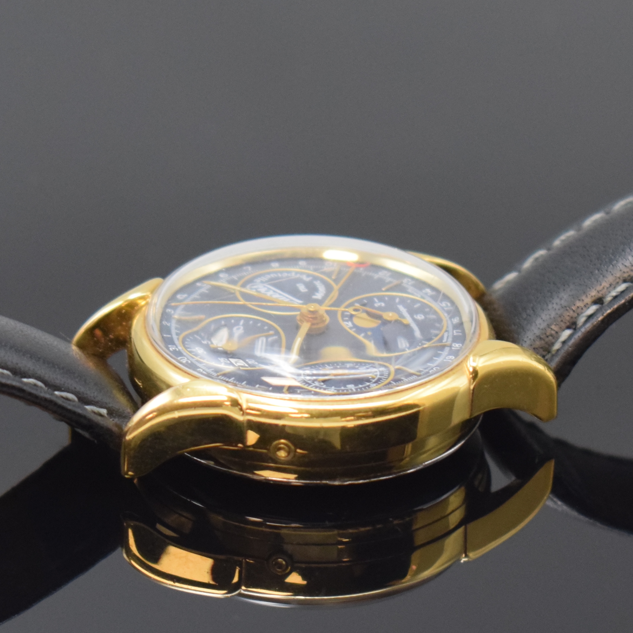 Detail c: DU BOIS vergoldeter Herrenchronograph mit Vollkalender Edition d'Anniversaire, Schweiz um 1993, Automatik, Boden aufgedr., Korrekturdr. seitl. ...