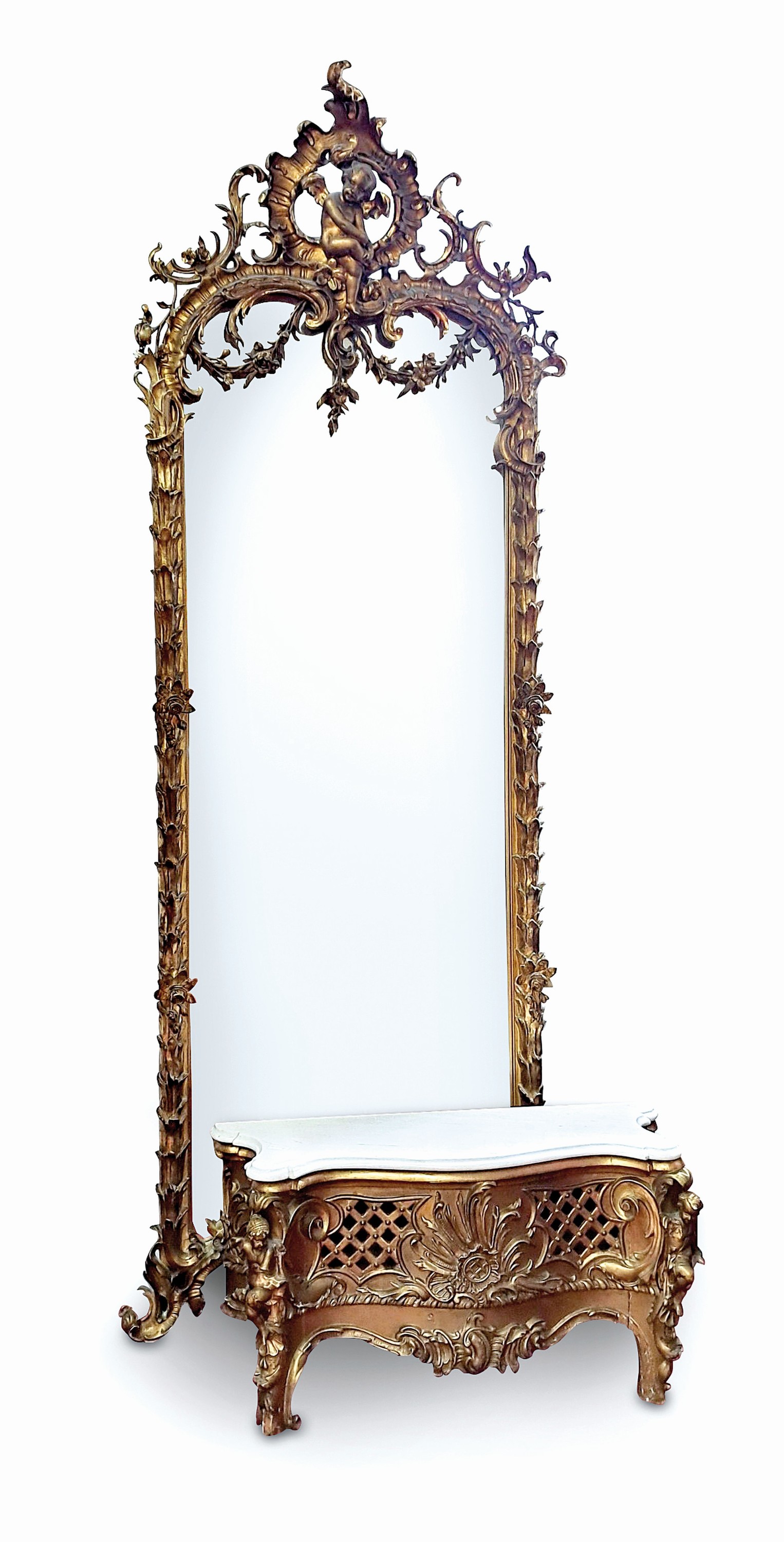 Monumentaler Standspiegel mit Konsole, Frankreich, um 1860, aufwendige Stuckarbeiten u.a. mit Putti u. floraler Ornamentik, sowie Rocaillen, Konsole ...